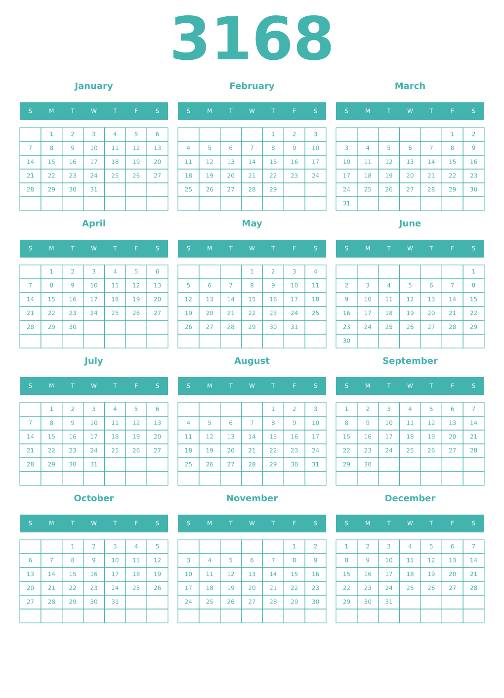 Printable 3168 Year Calendars verdigris