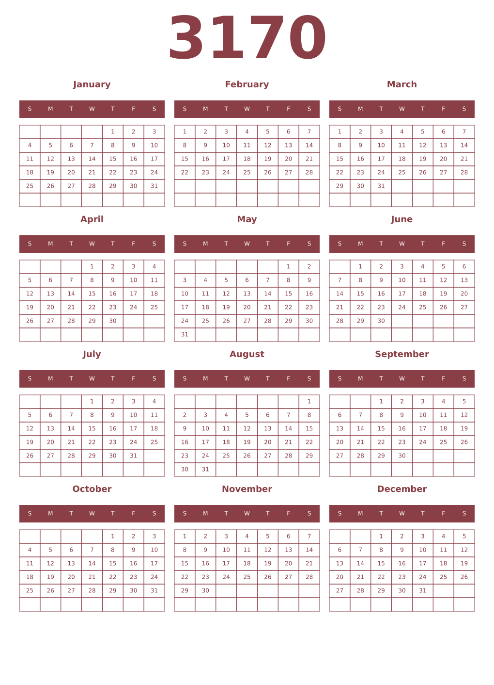 Printable 3170 Year Calendars cordovan