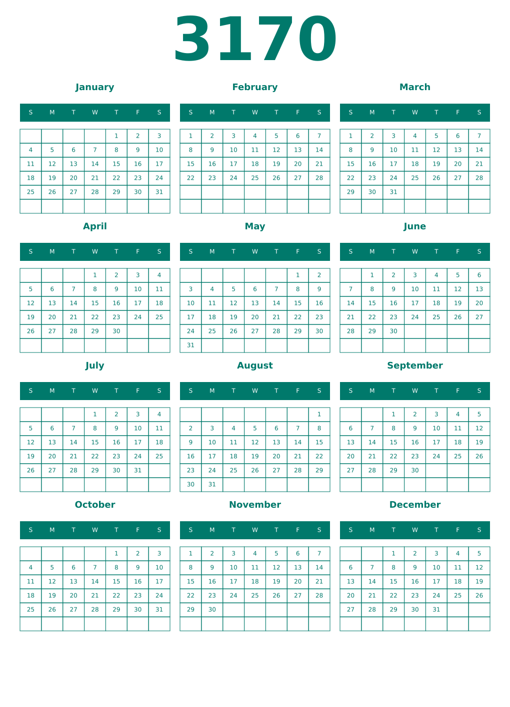 Printable 3170 Year Calendars pastel