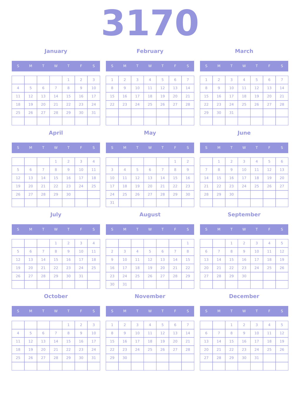 Printable 3170 Year Calendars periwinkle