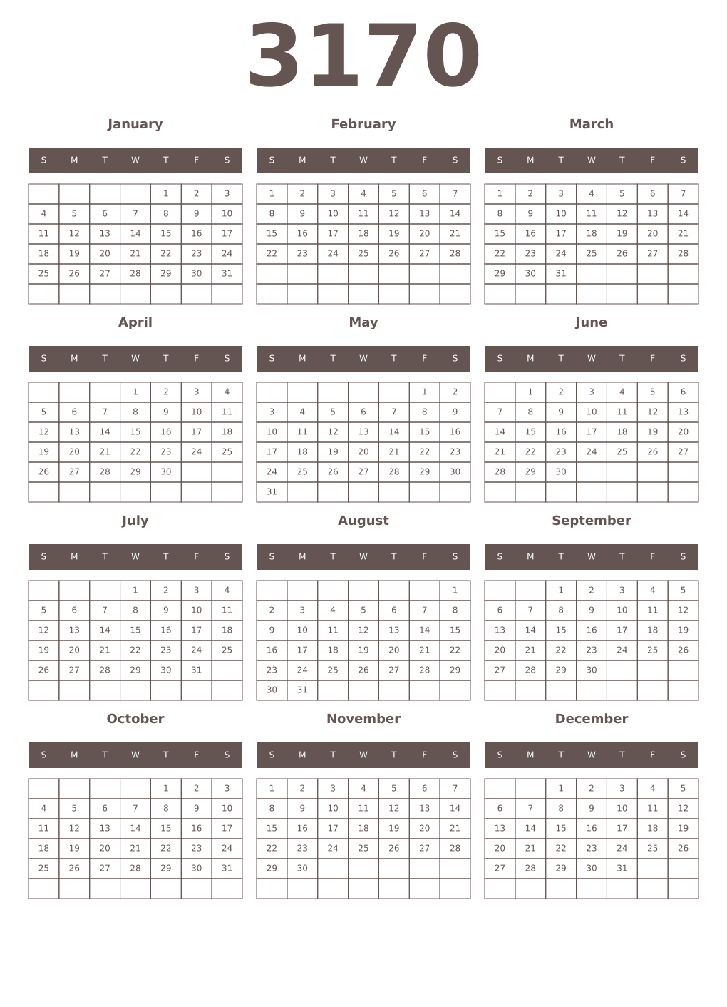 Printable 3170 Year Calendars wenge