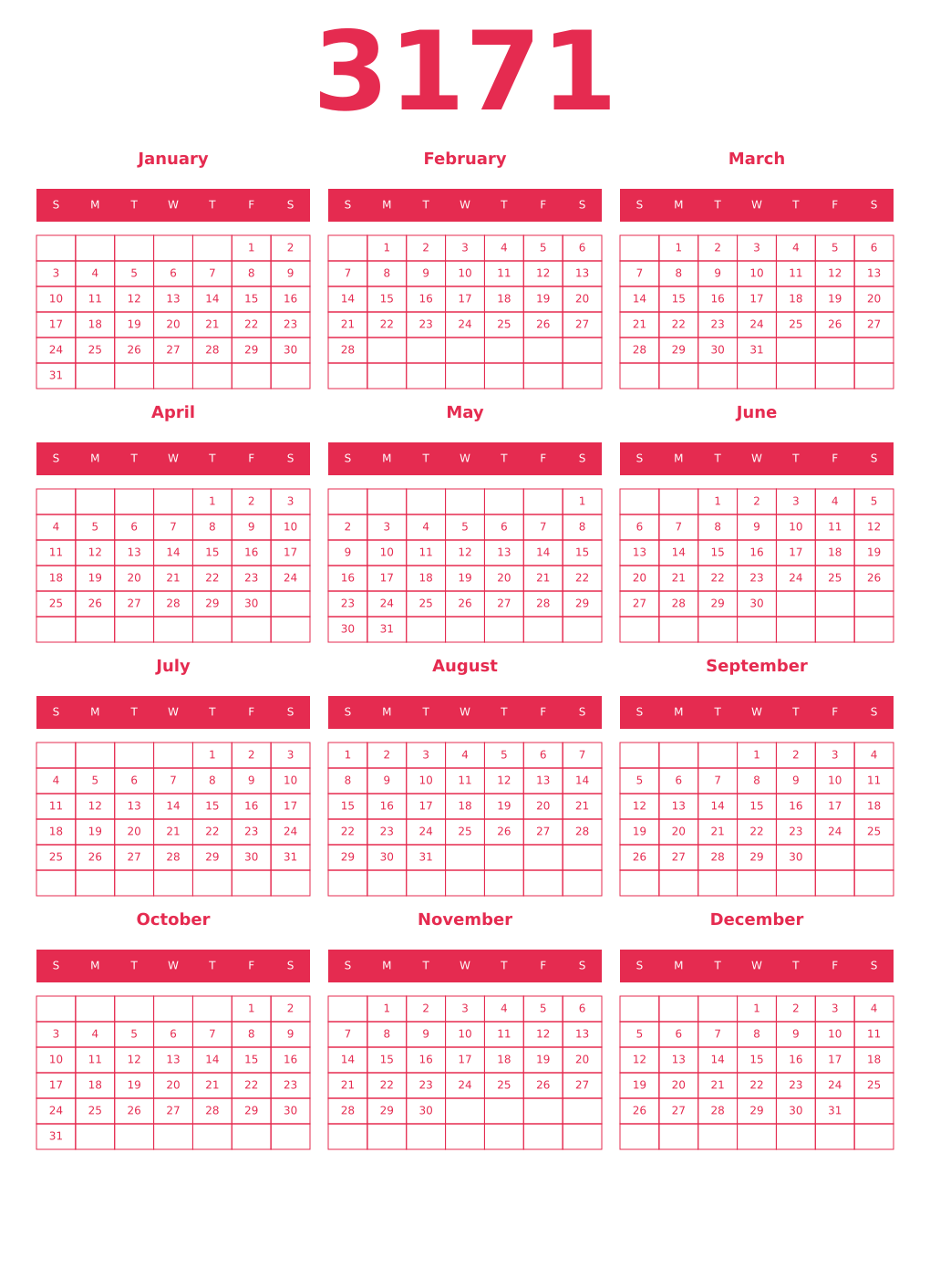 Printable 3171 Year Calendars amaranth