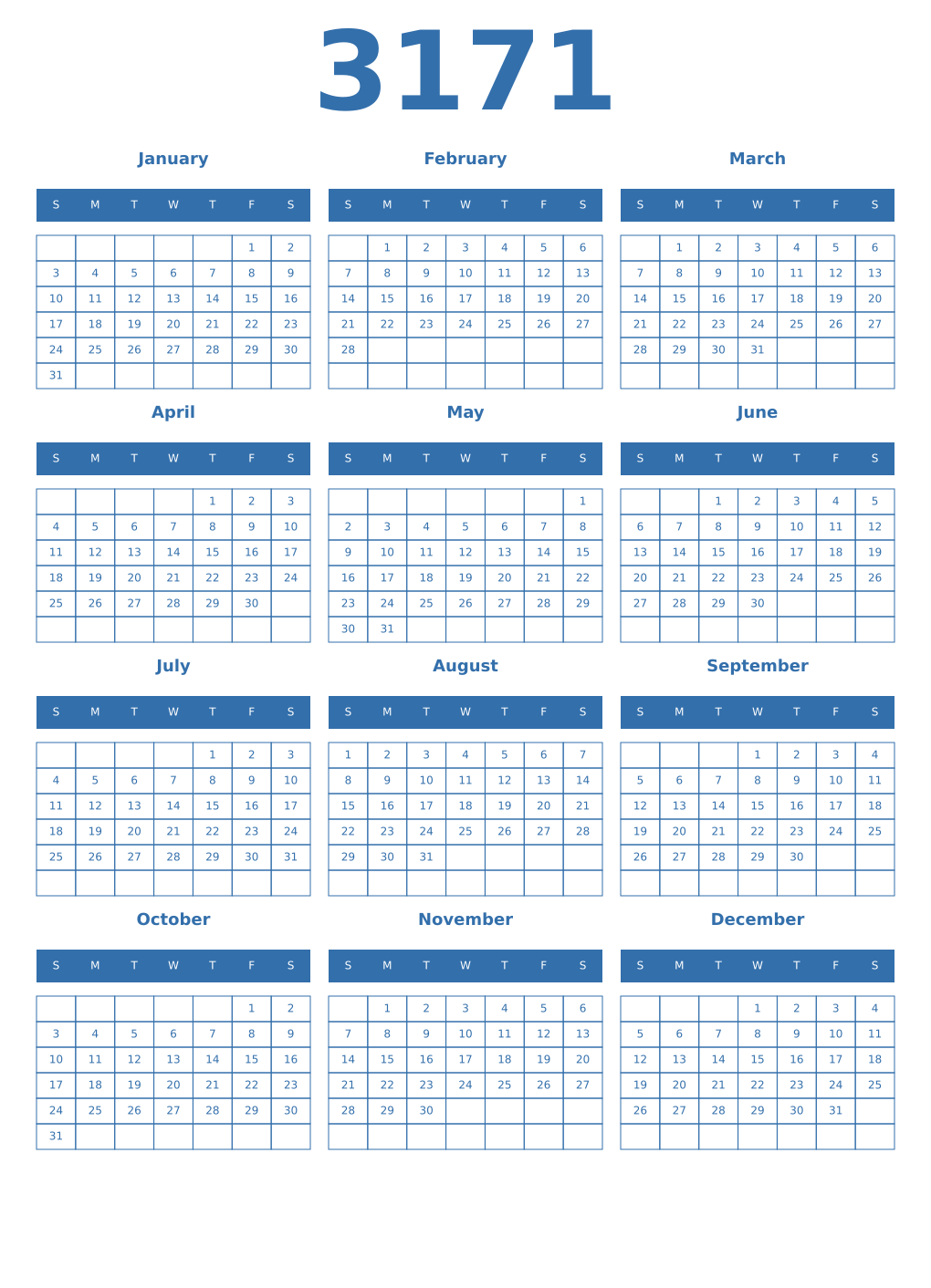 Printable 3171 Year Calendars blue
