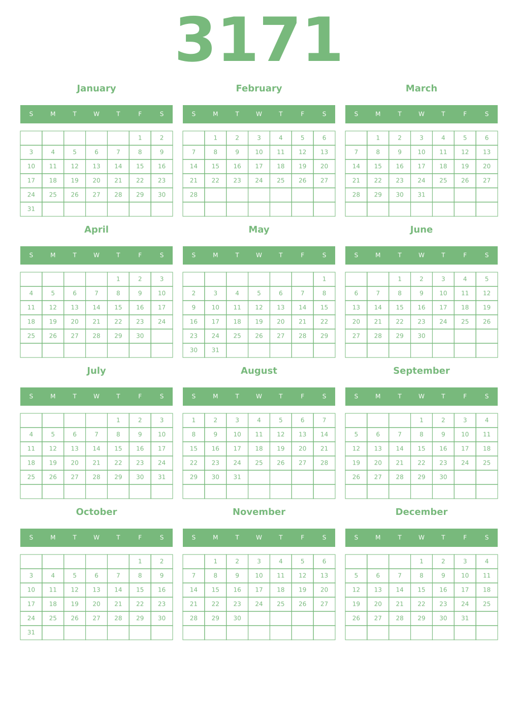 Printable 3171 Year Calendars celadon