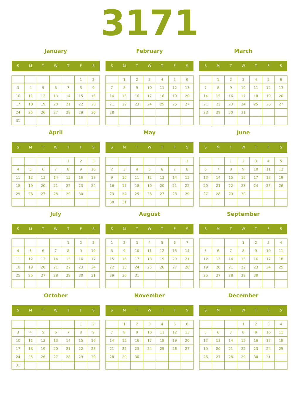 Printable 3171 Year Calendars chartreuse