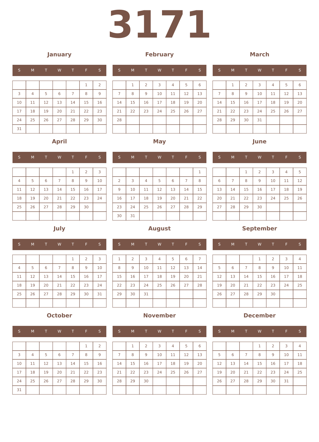 Printable 3171 Year Calendars coffe