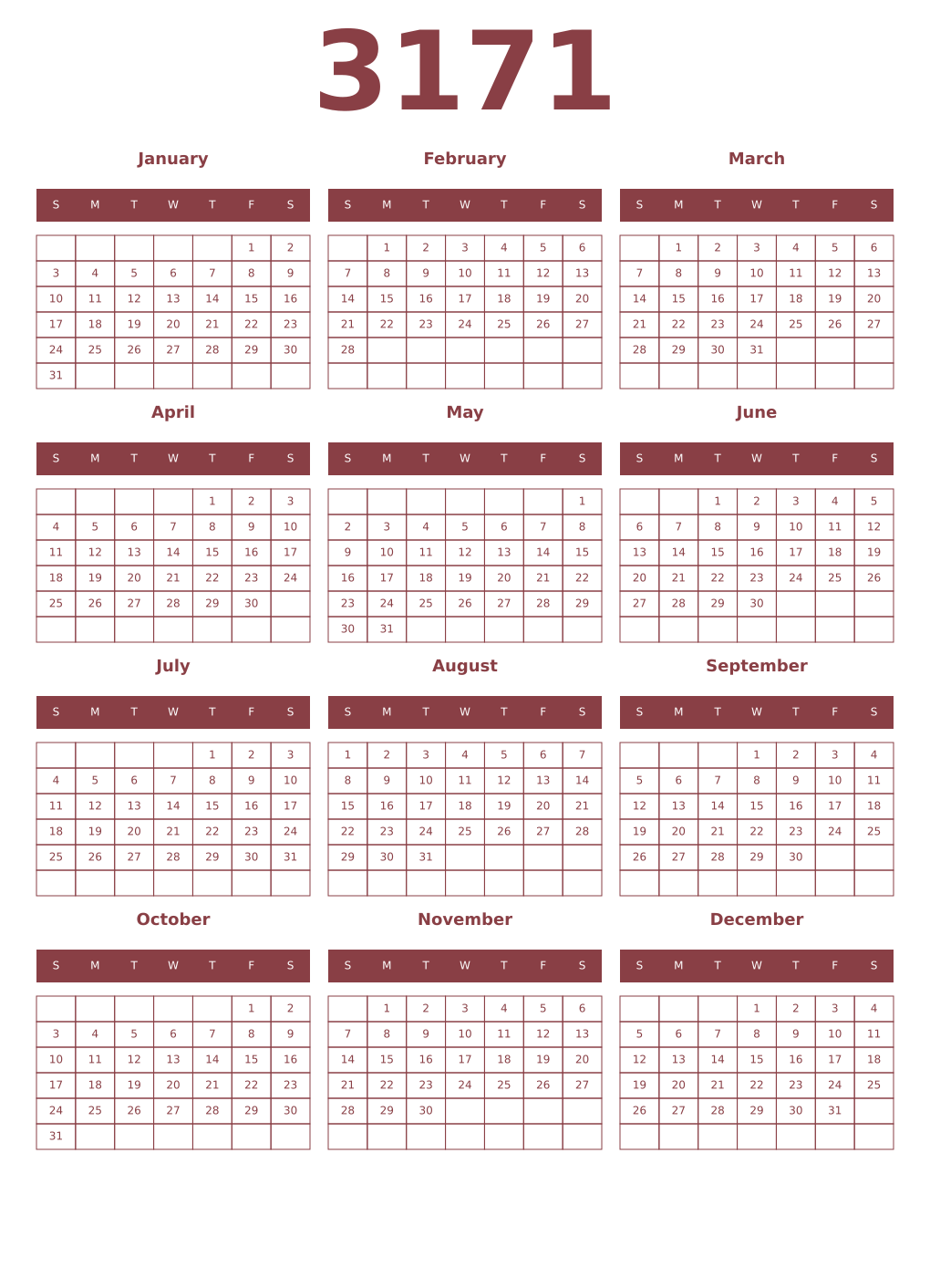 Printable 3171 Year Calendars cordovan