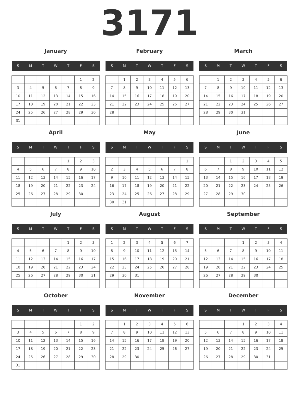 Printable 3171 Year Calendars dark