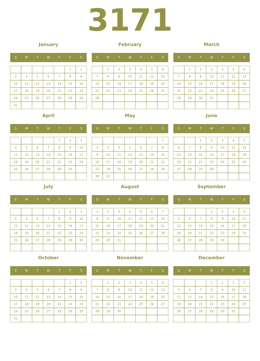 Printable 3171 Year Calendars eburnean
