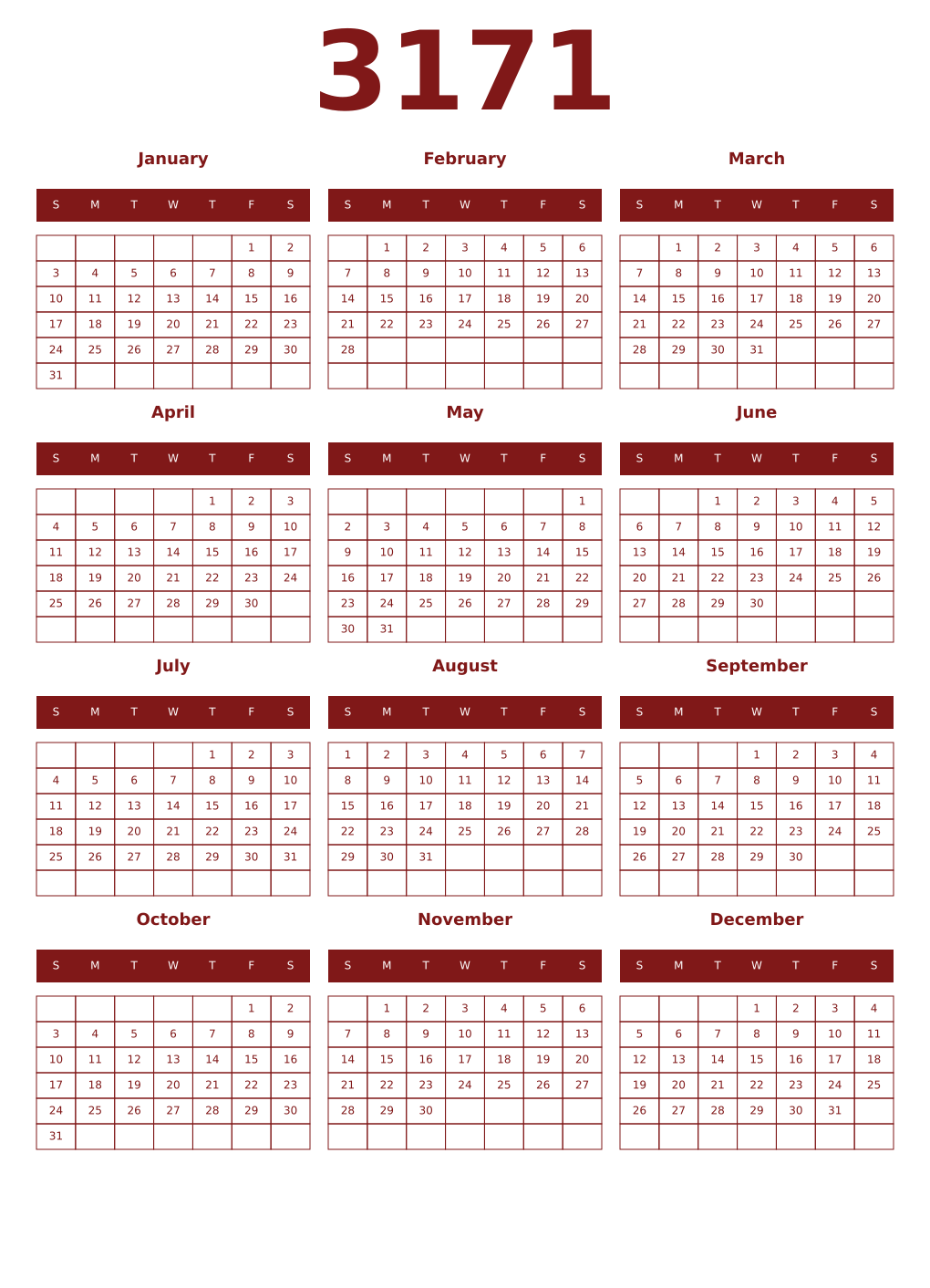 Printable 3171 Year Calendars falu