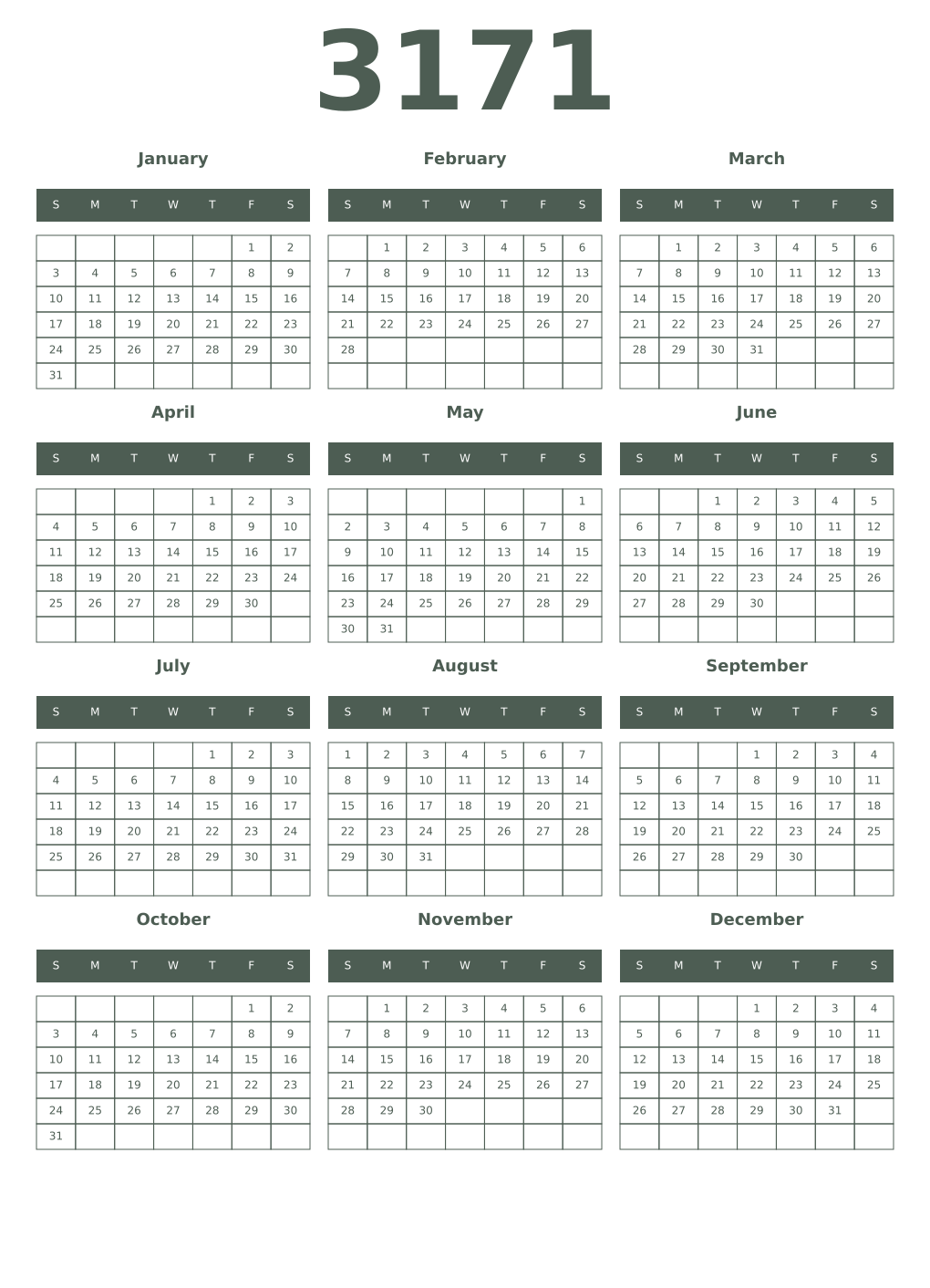 Printable 3171 Year Calendars feldgrau