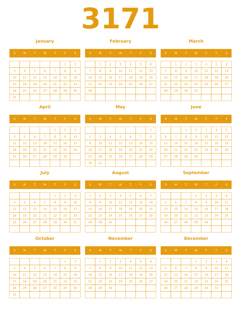 Printable 3171 Year Calendars gamboge