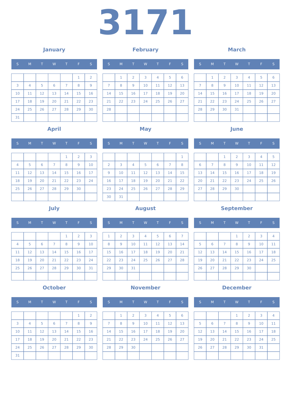 Printable 3171 Year Calendars glaucous