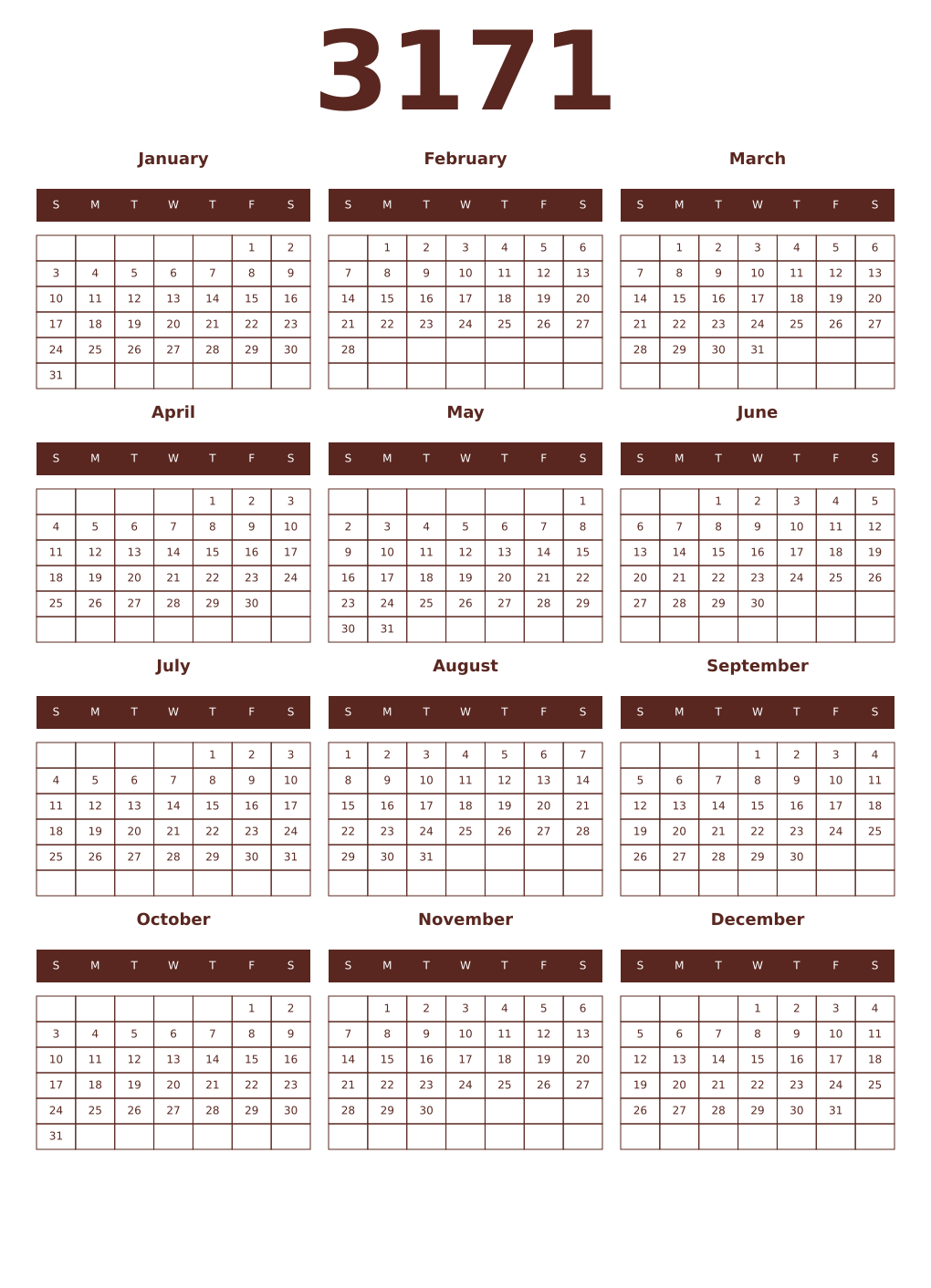 Printable 3171 Year Calendars mortuum