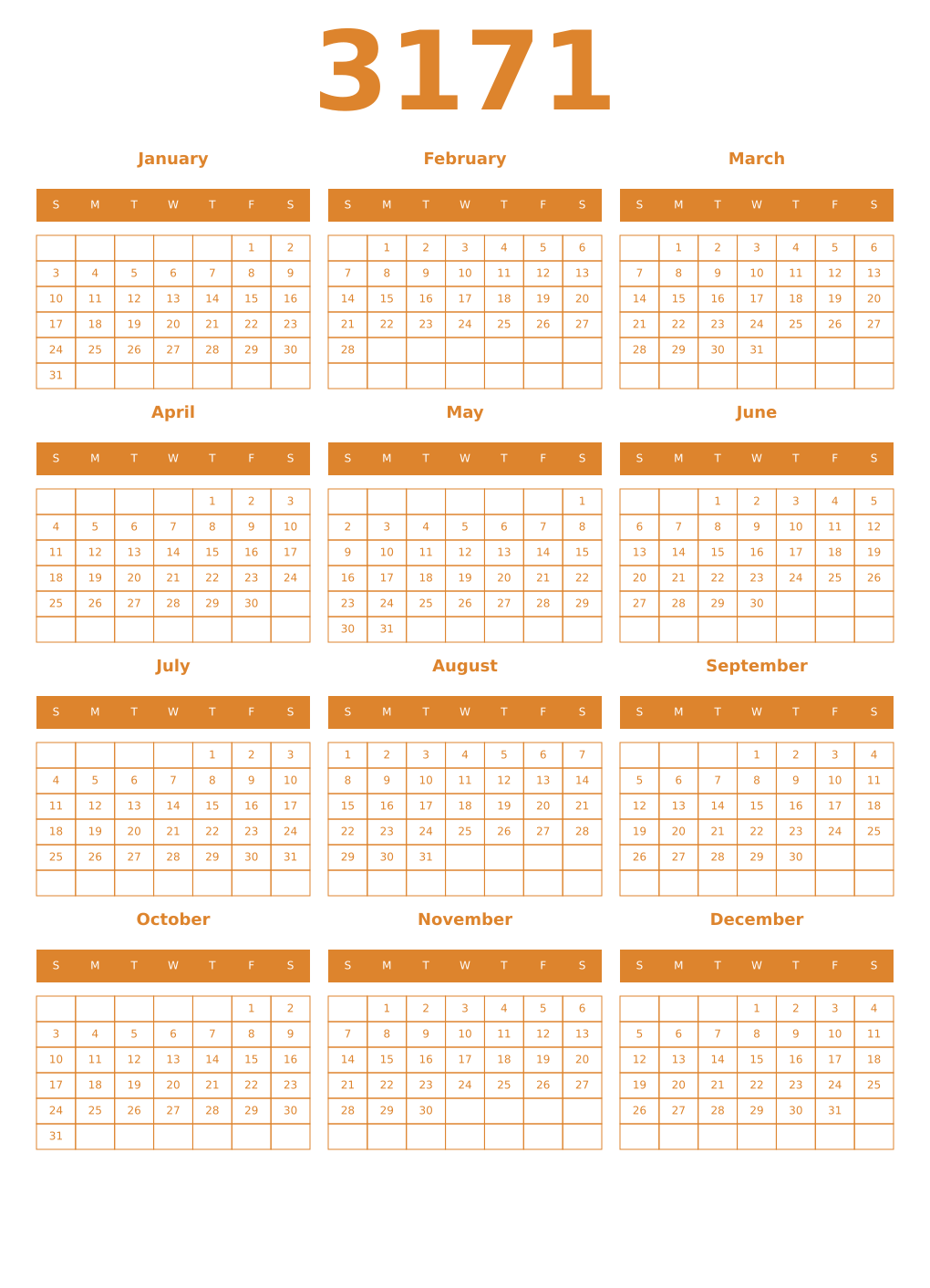 Printable 3171 Year Calendars orange