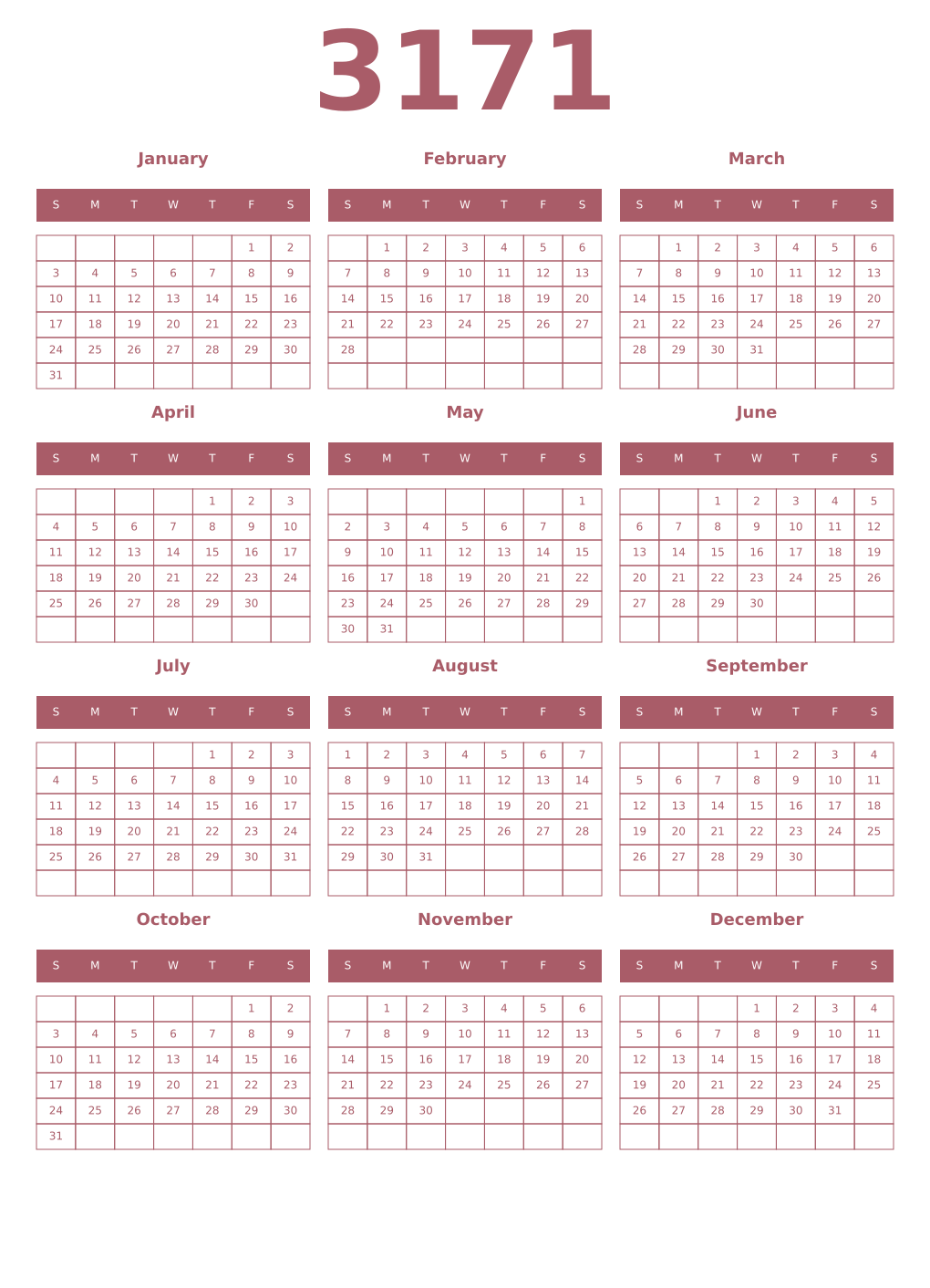 Printable 3171 Year Calendars puce