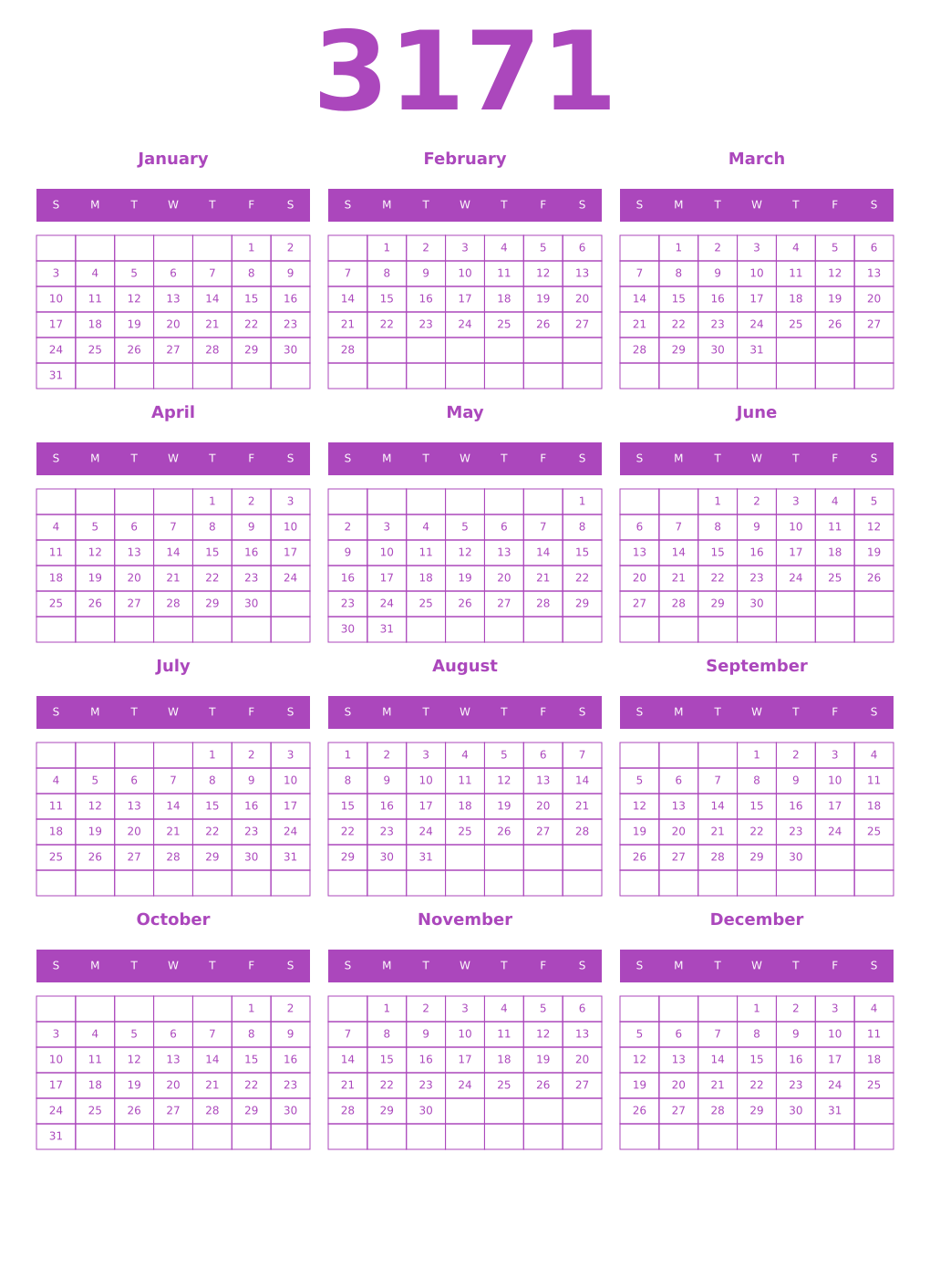 Printable 3171 Year Calendars purple