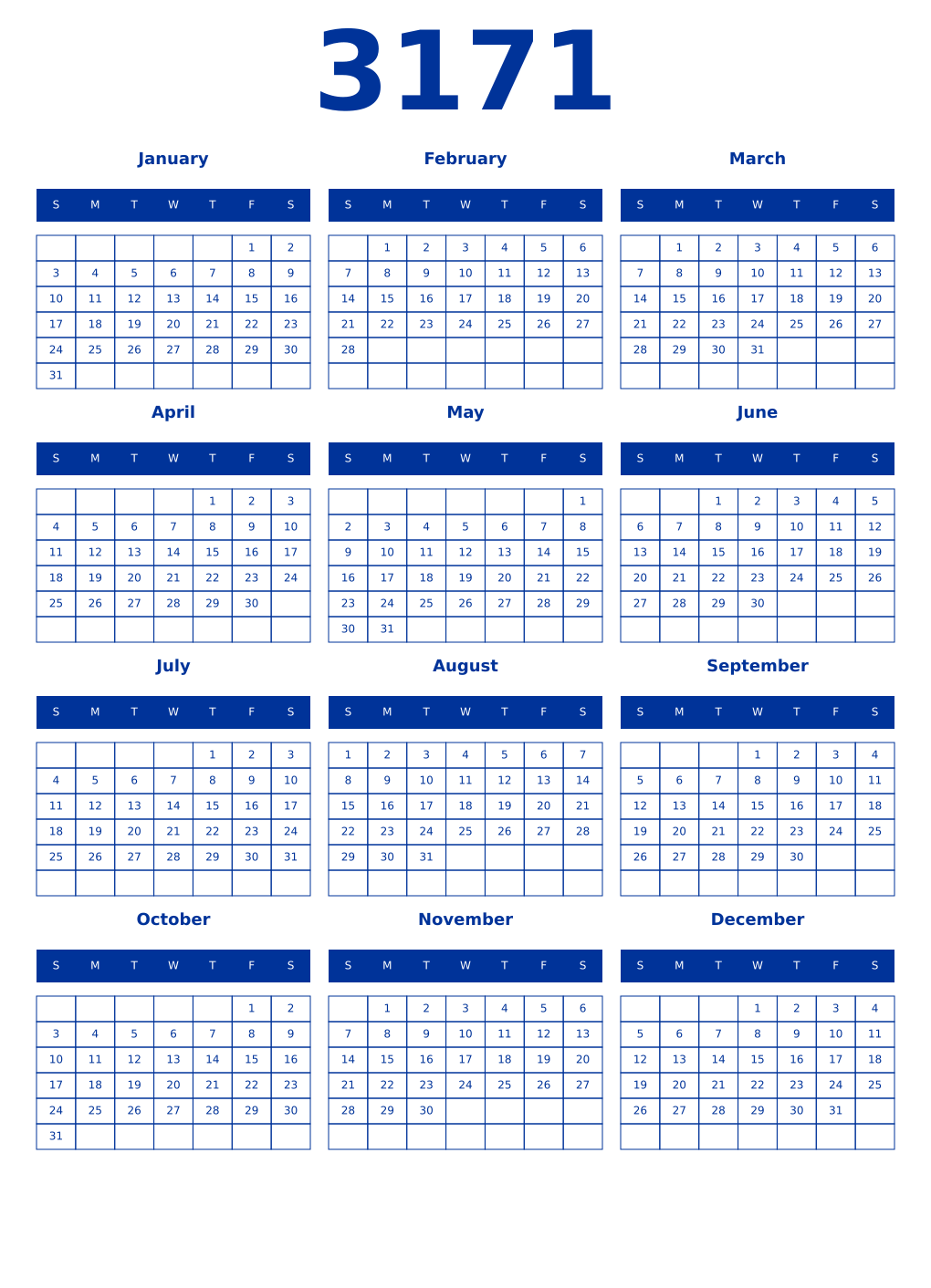 Printable 3171 Year Calendars smalt