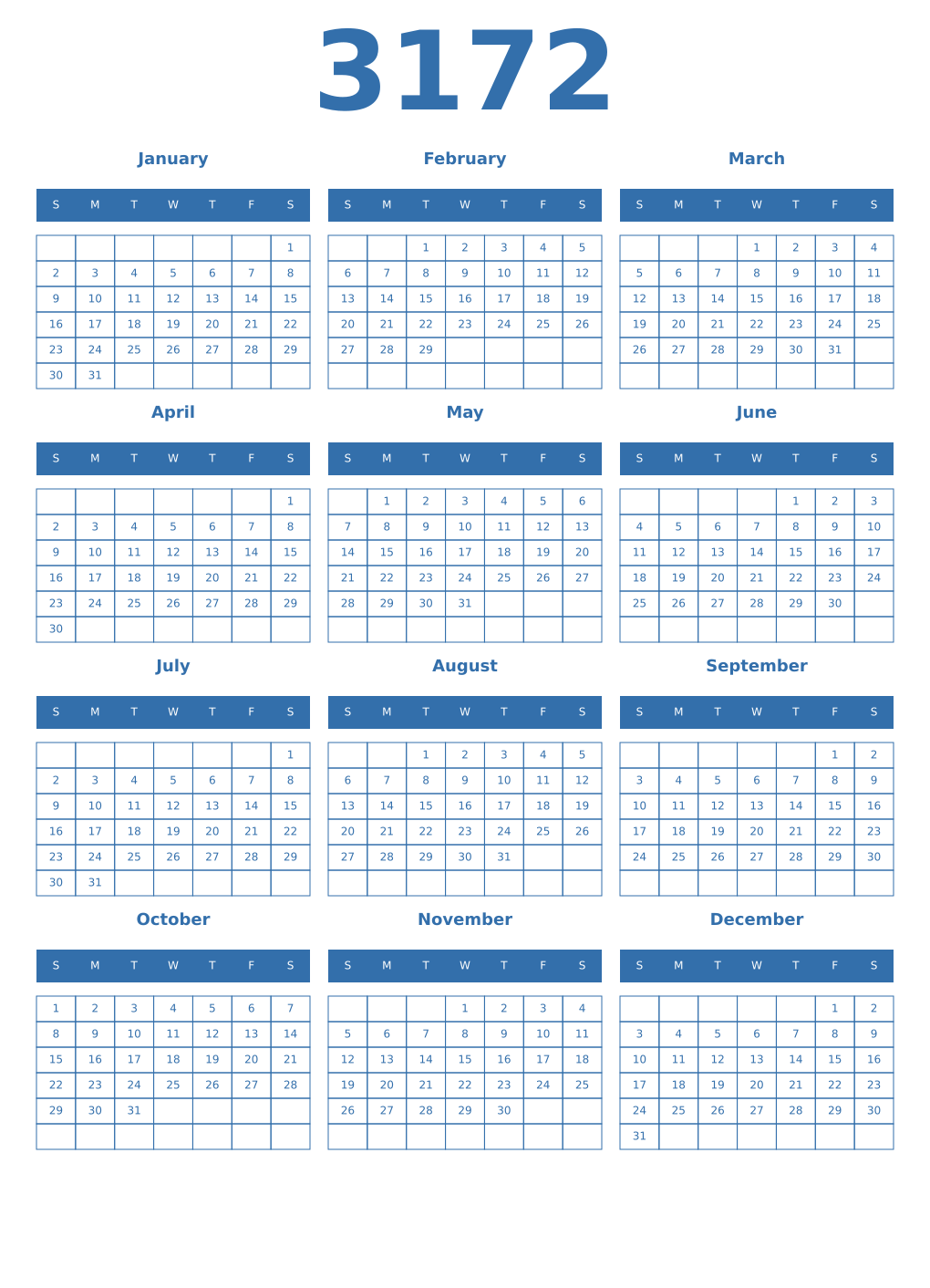 Printable 3172 Year Calendars blue