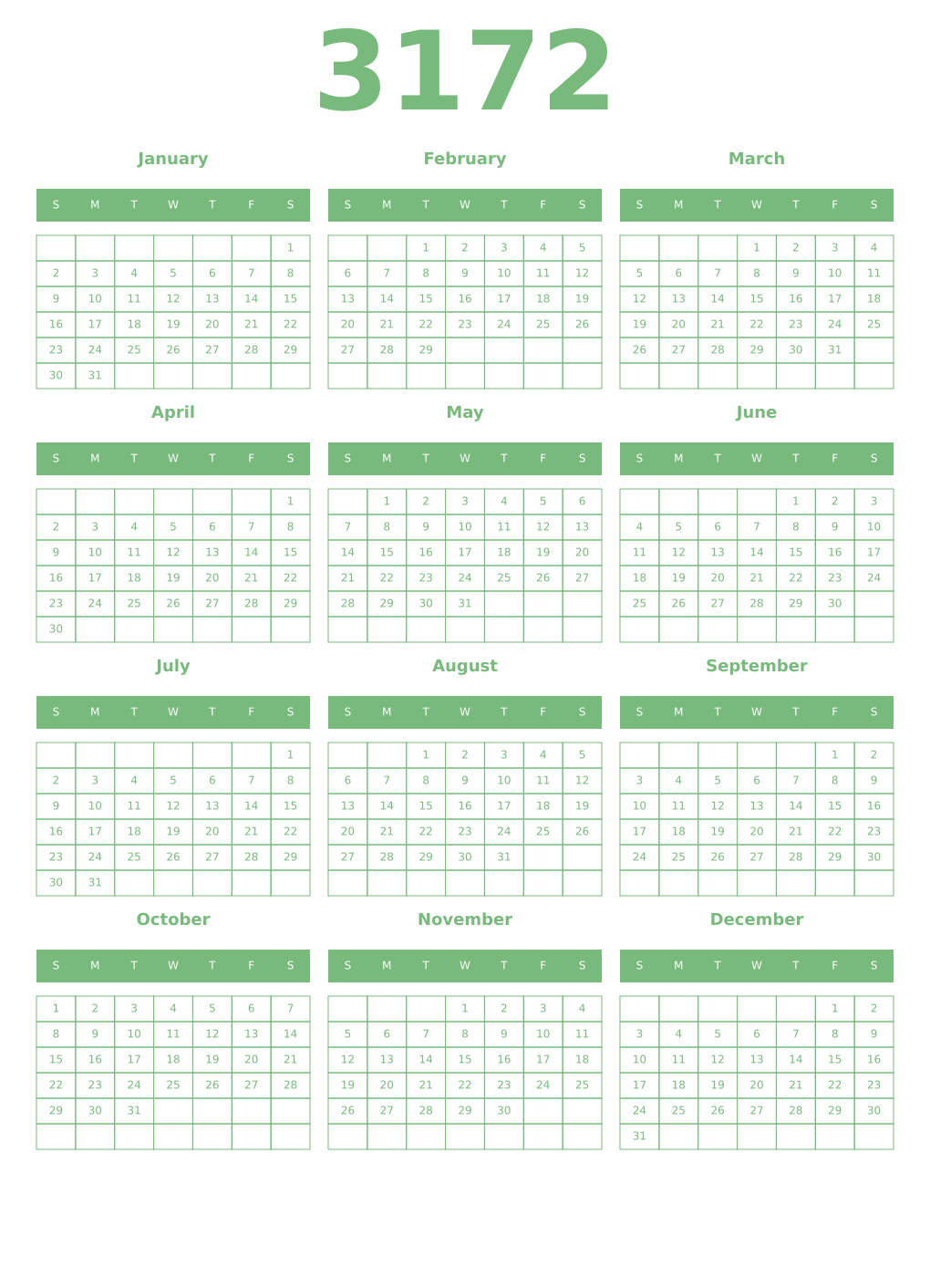 Printable 3172 Year Calendars celadon