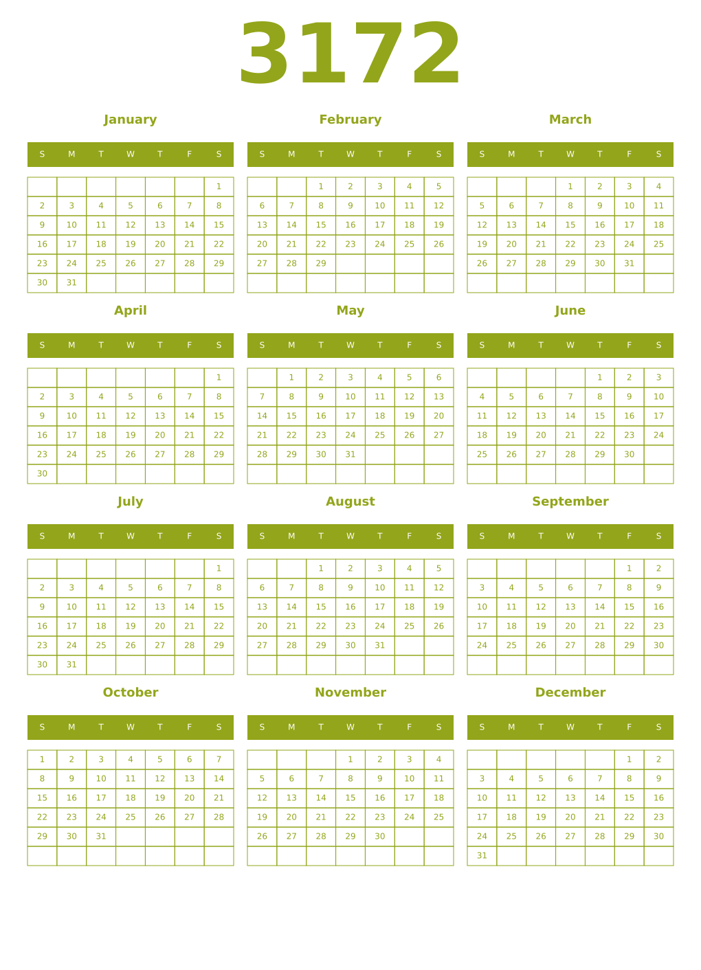 Printable 3172 Year Calendars chartreuse