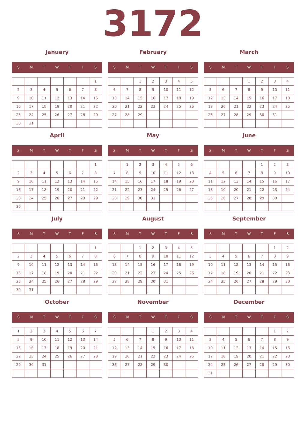 Printable 3172 Year Calendars cordovan