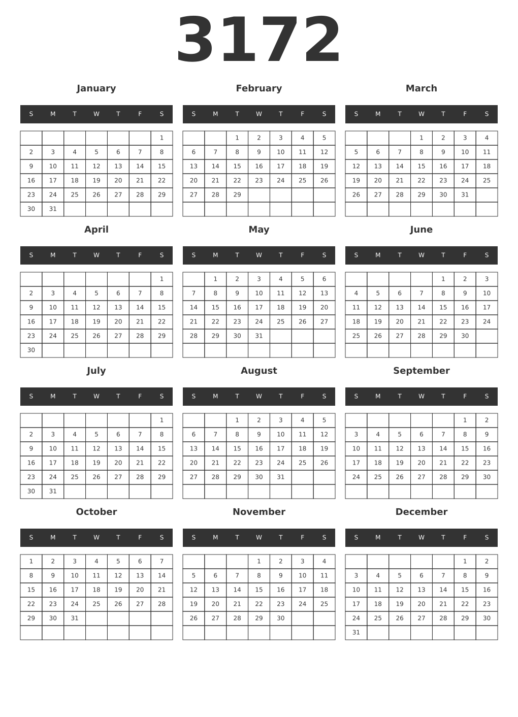 Printable 3172 Year Calendars dark