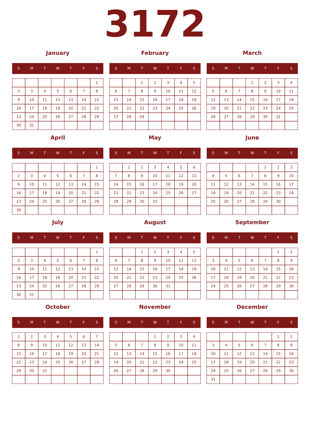 Printable 3172 Year Calendars falu