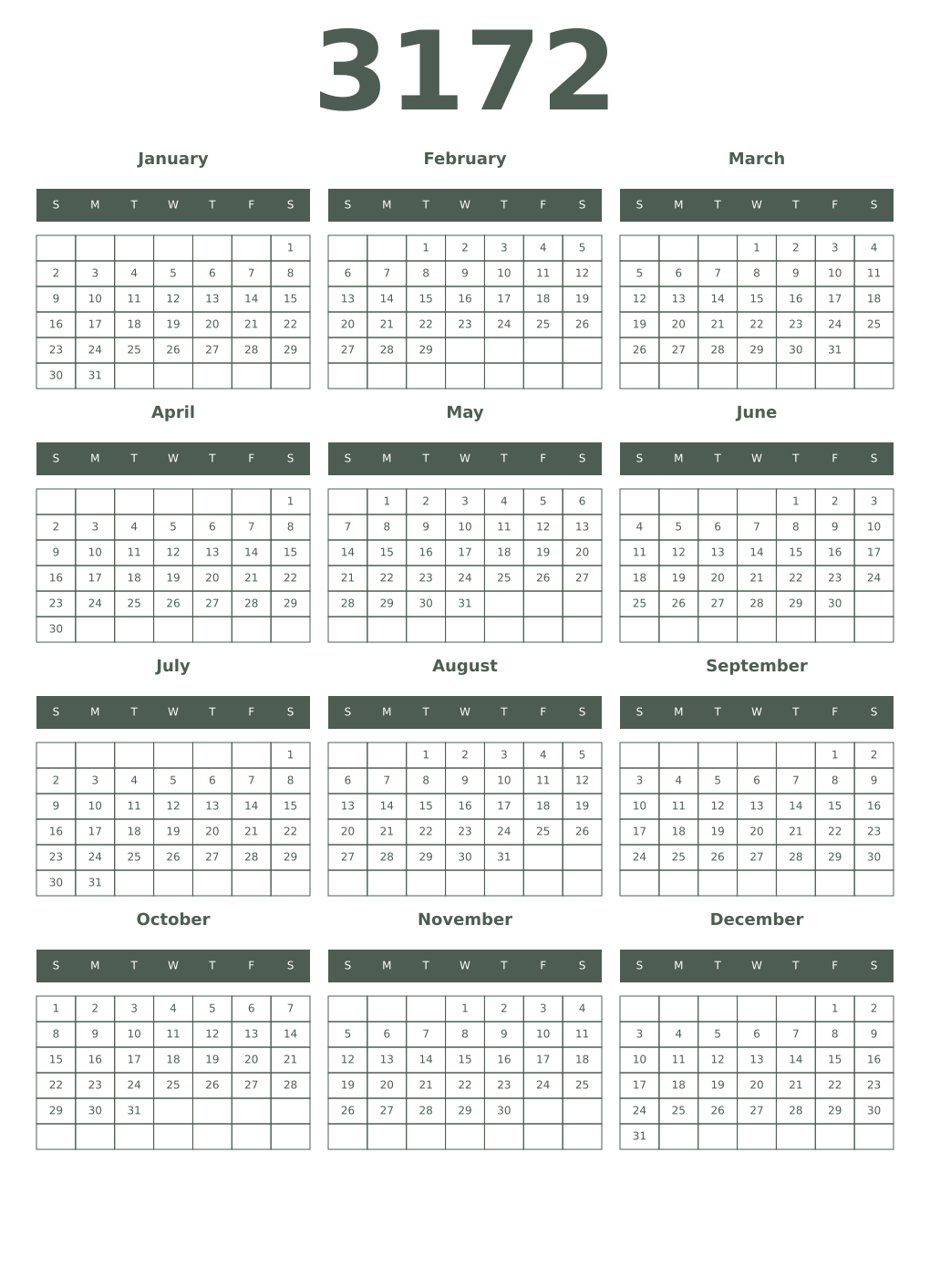 Printable 3172 Year Calendars feldgrau