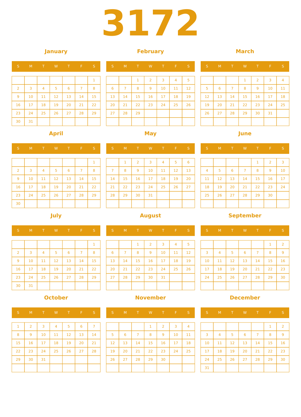 Printable 3172 Year Calendars gamboge