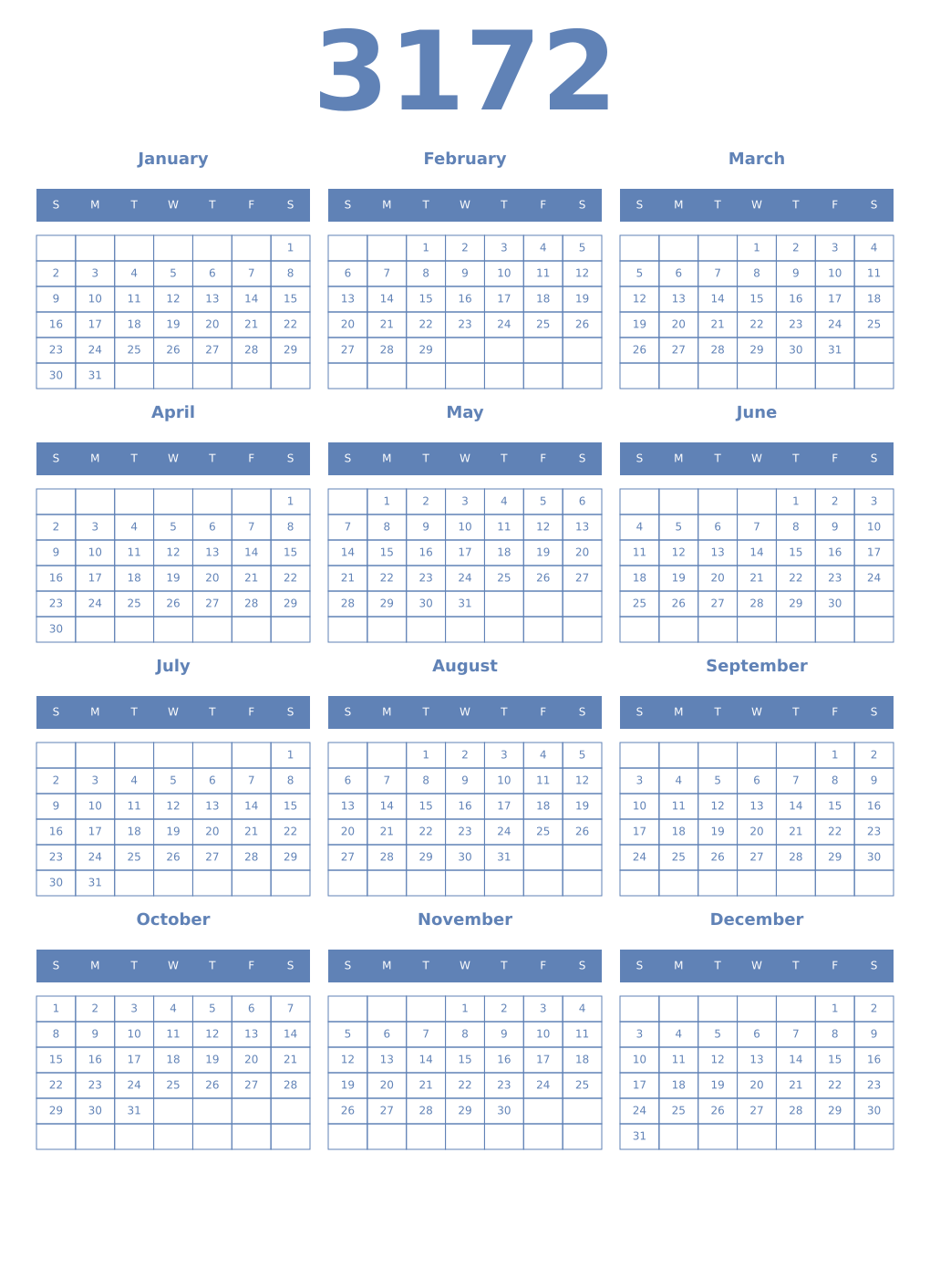 Printable 3172 Year Calendars glaucous
