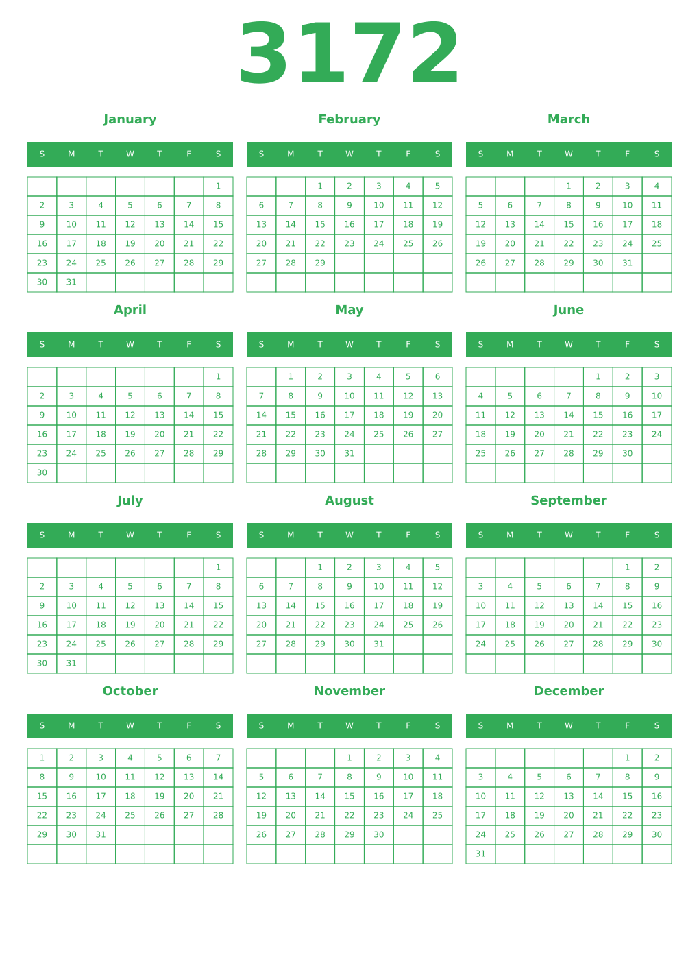 Printable 3172 Year Calendars green