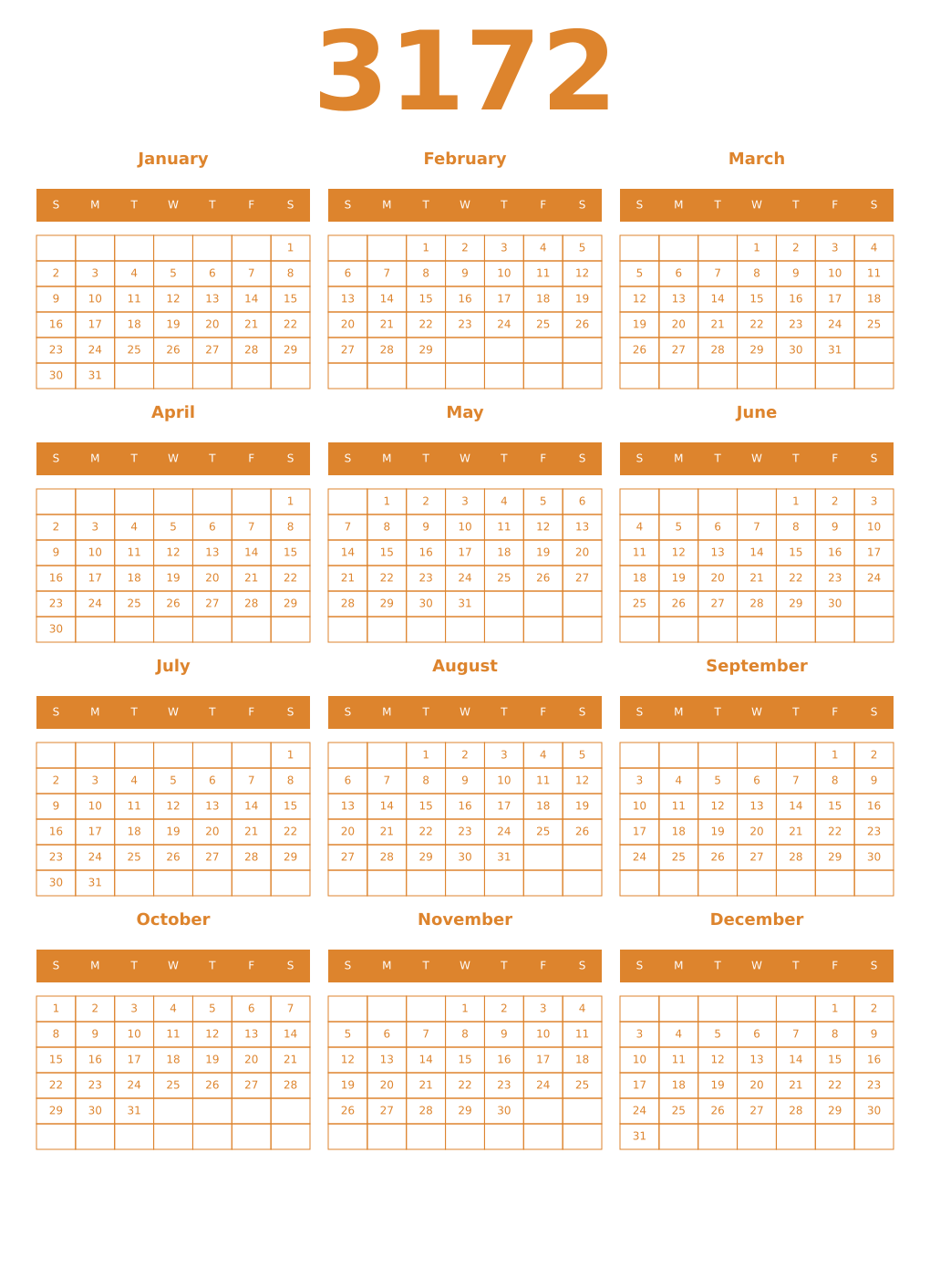 Printable 3172 Year Calendars orange