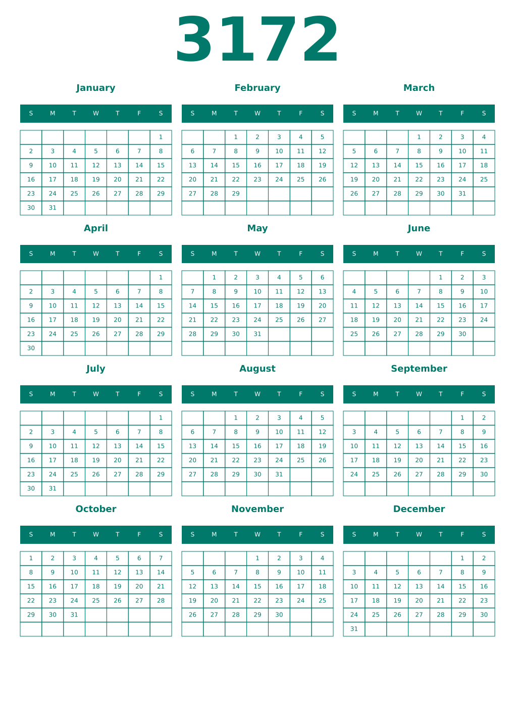 Printable 3172 Year Calendars pastel