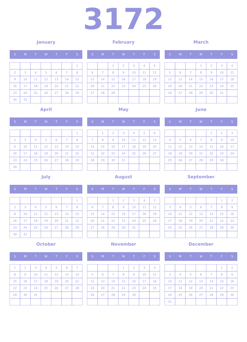 Printable 3172 Year Calendars periwinkle