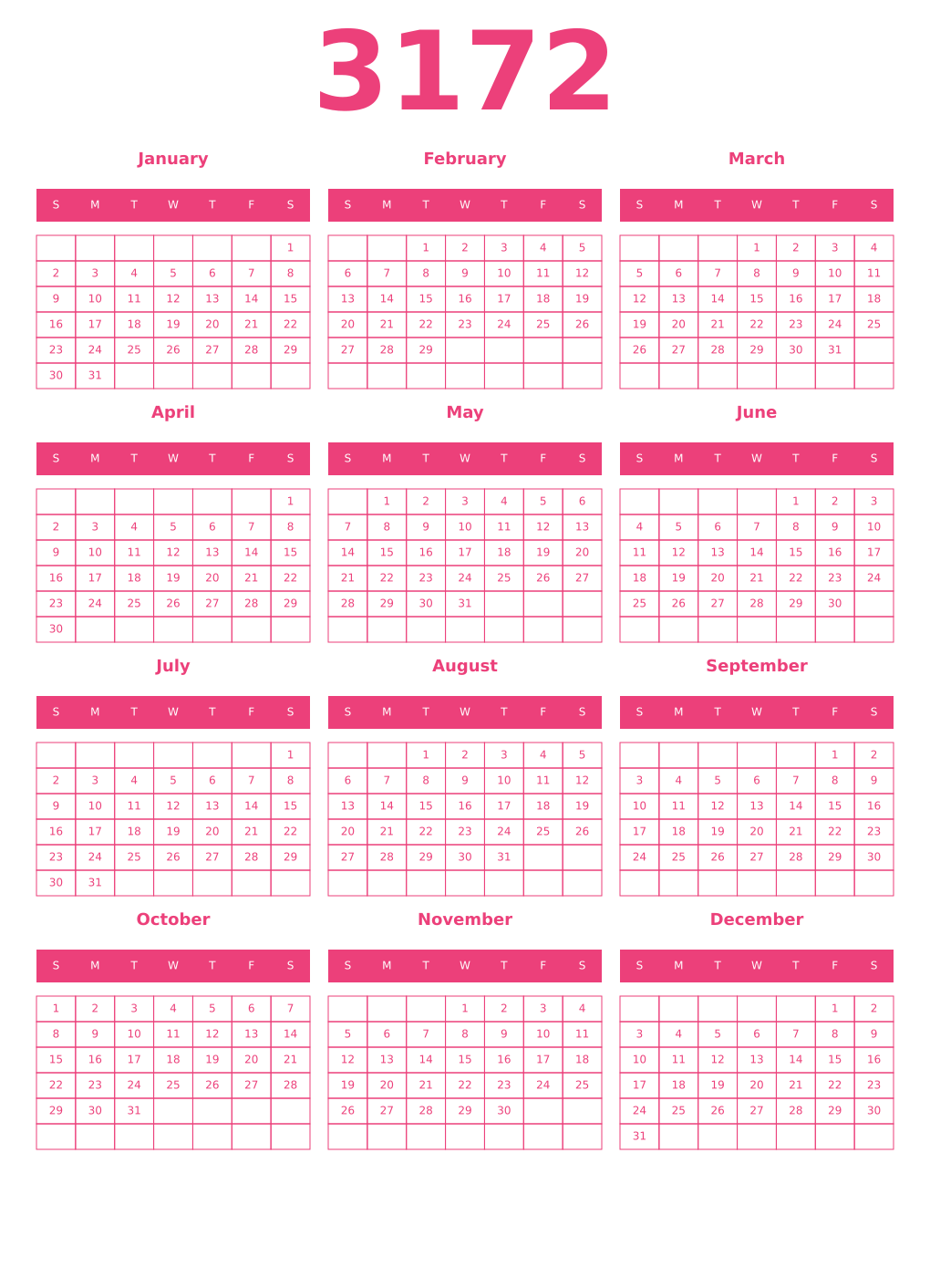 Printable 3172 Year Calendars pink
