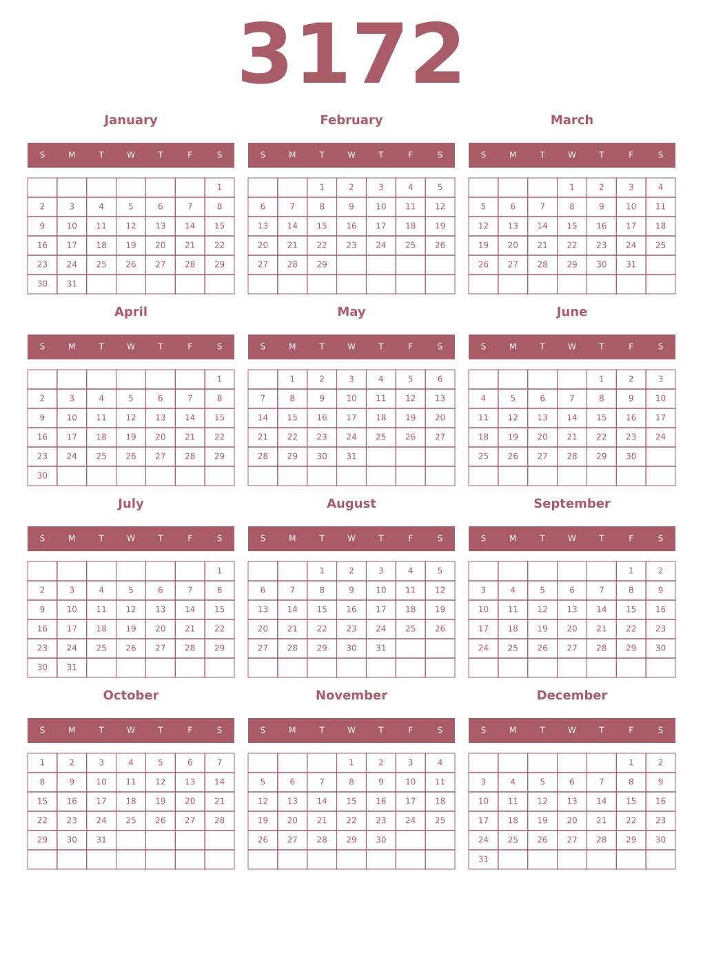Printable 3172 Year Calendars puce
