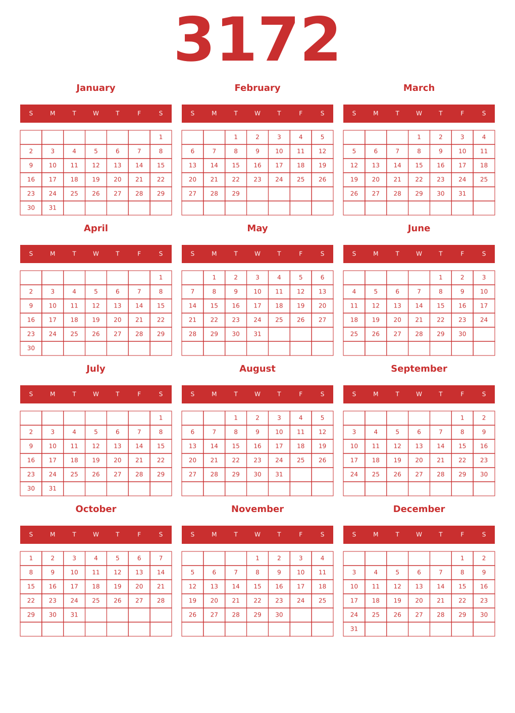 Printable 3172 Year Calendars red