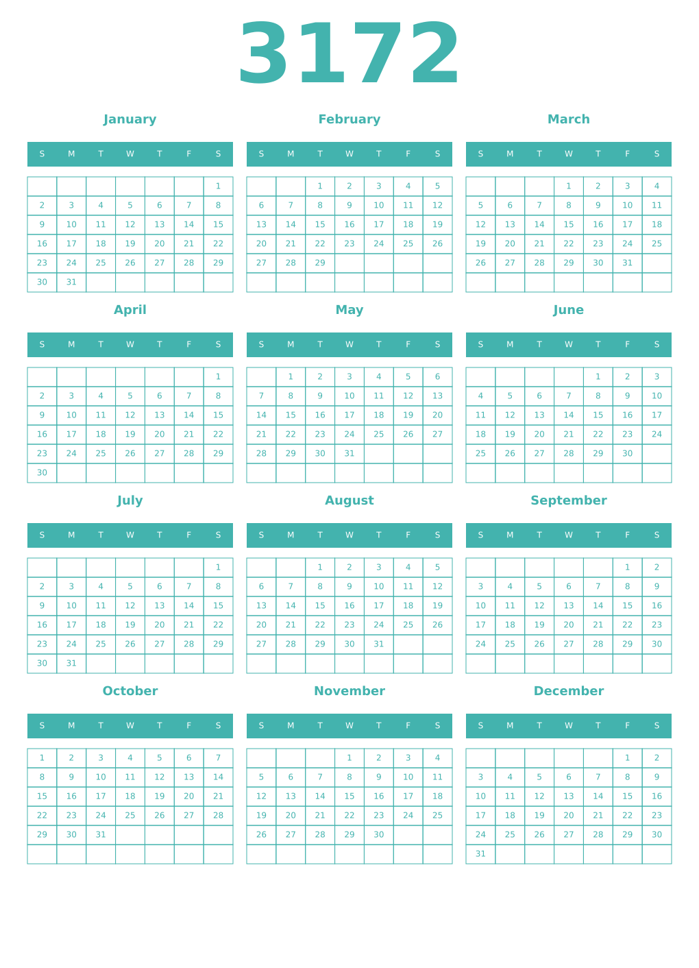 Printable 3172 Year Calendars verdigris