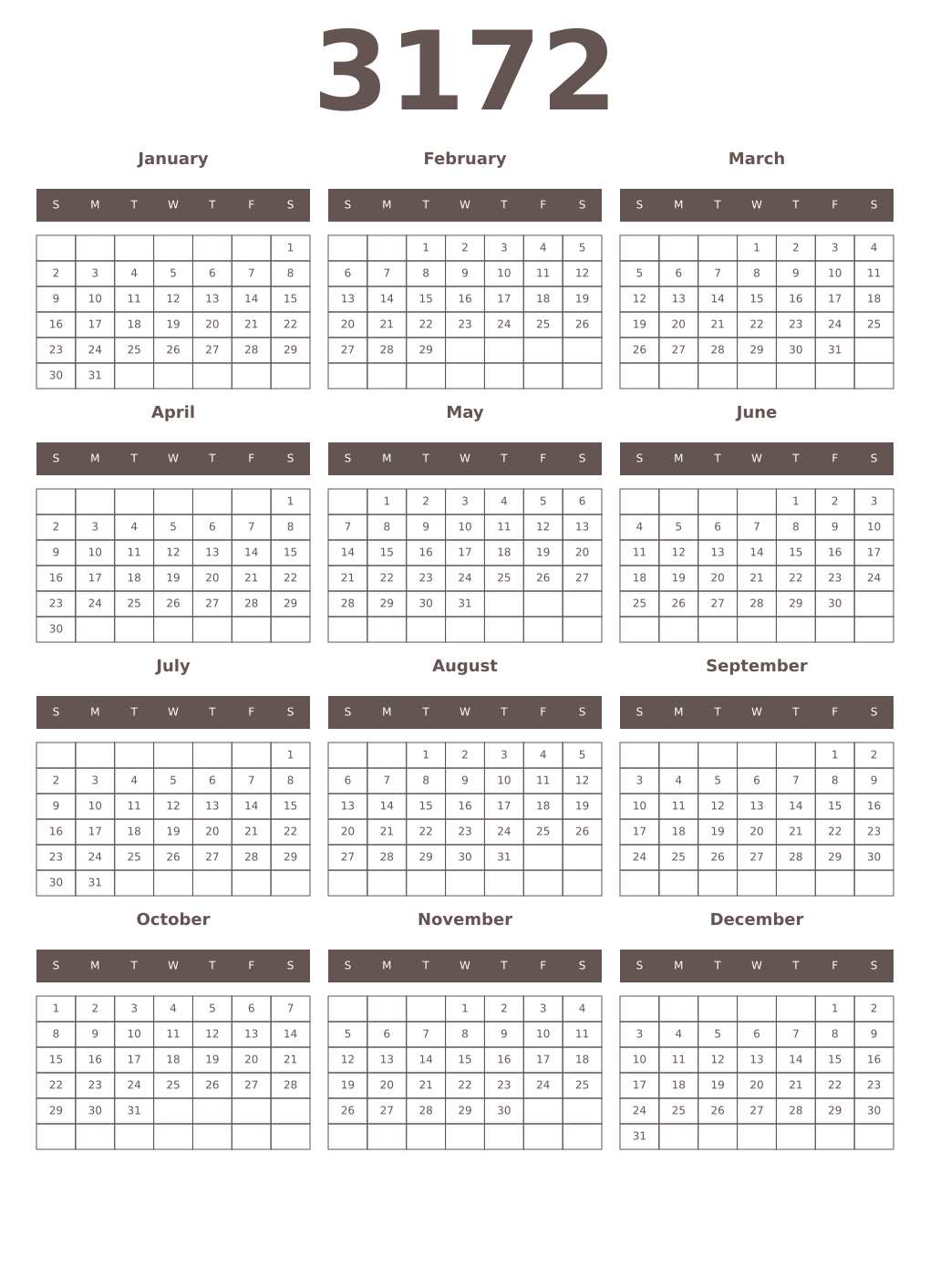 Printable 3172 Year Calendars wenge