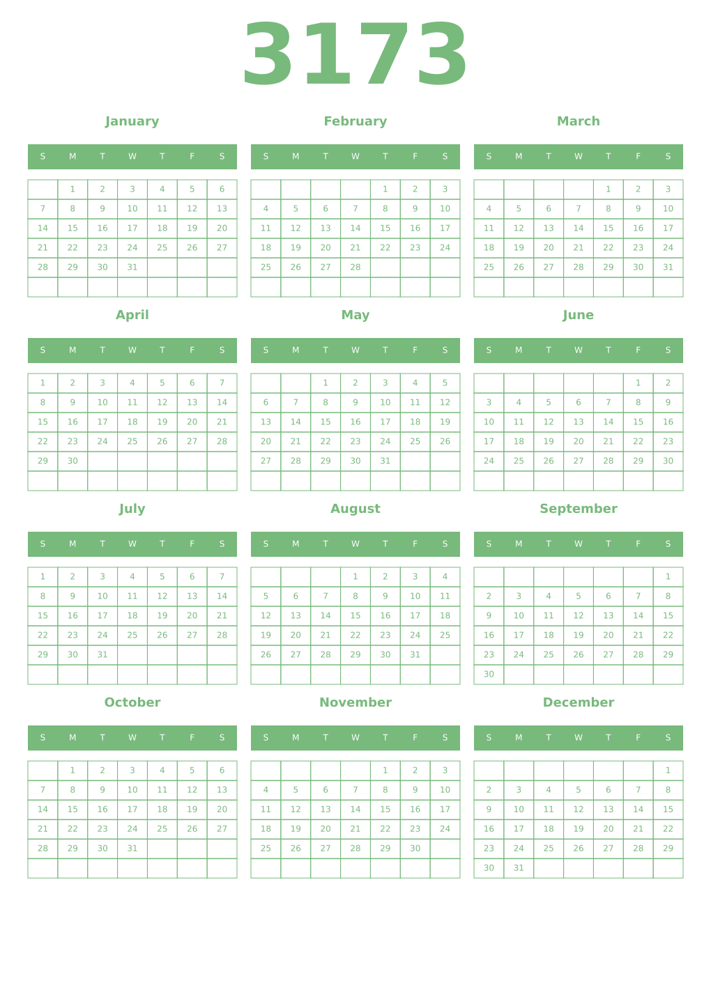 Printable 3173 Year Calendars celadon