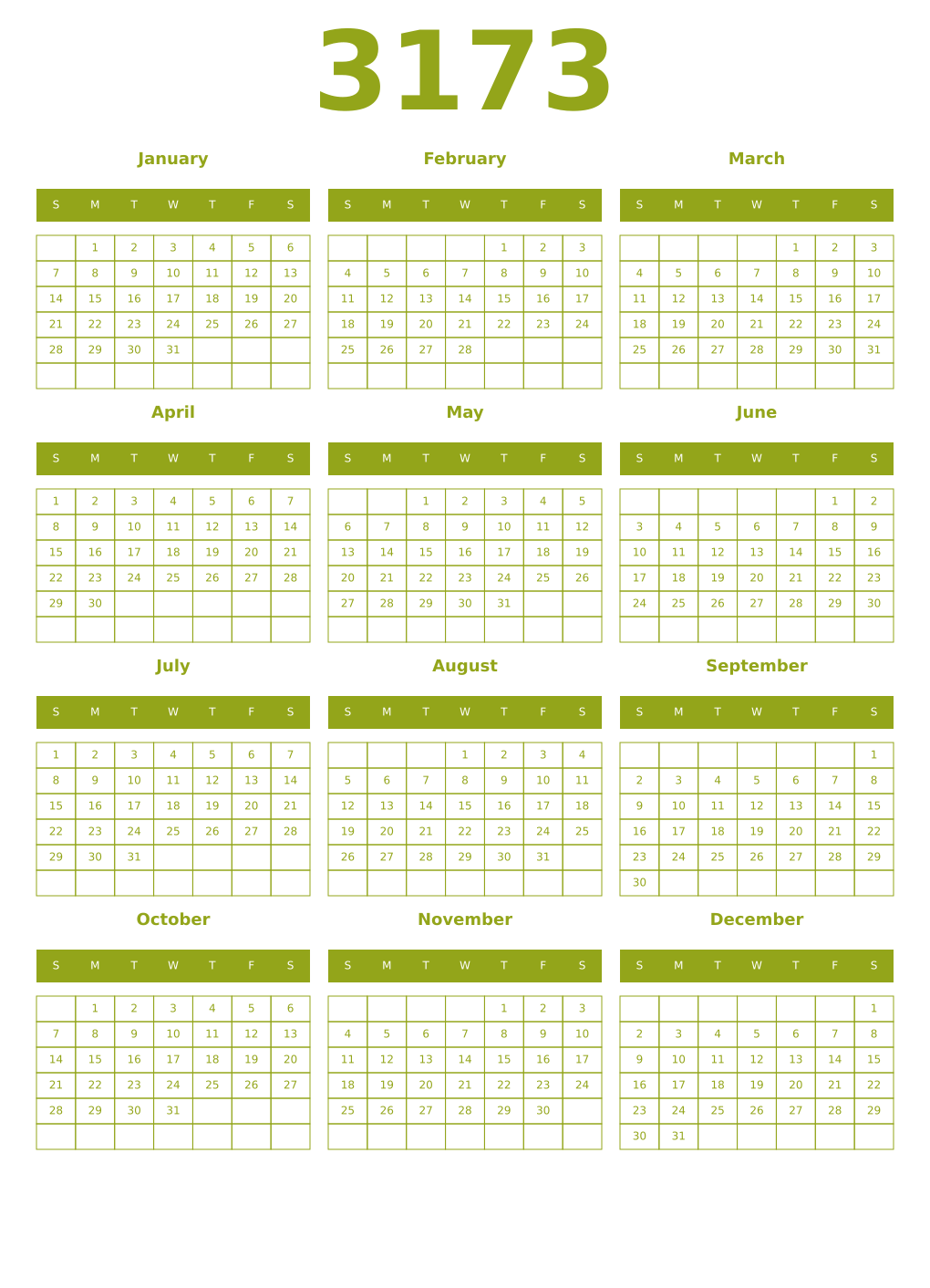 Printable 3173 Year Calendars chartreuse