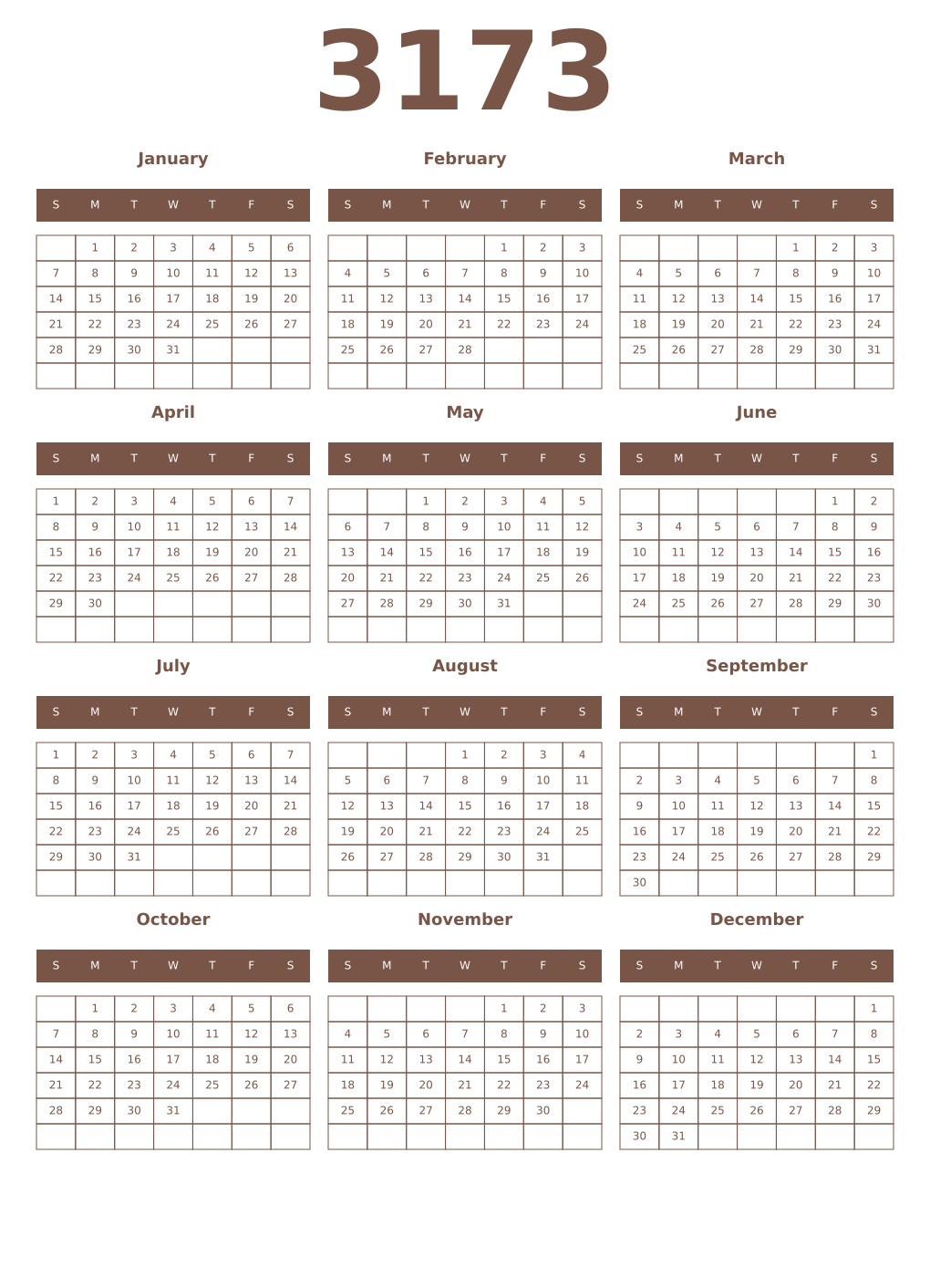 Printable 3173 Year Calendars coffe