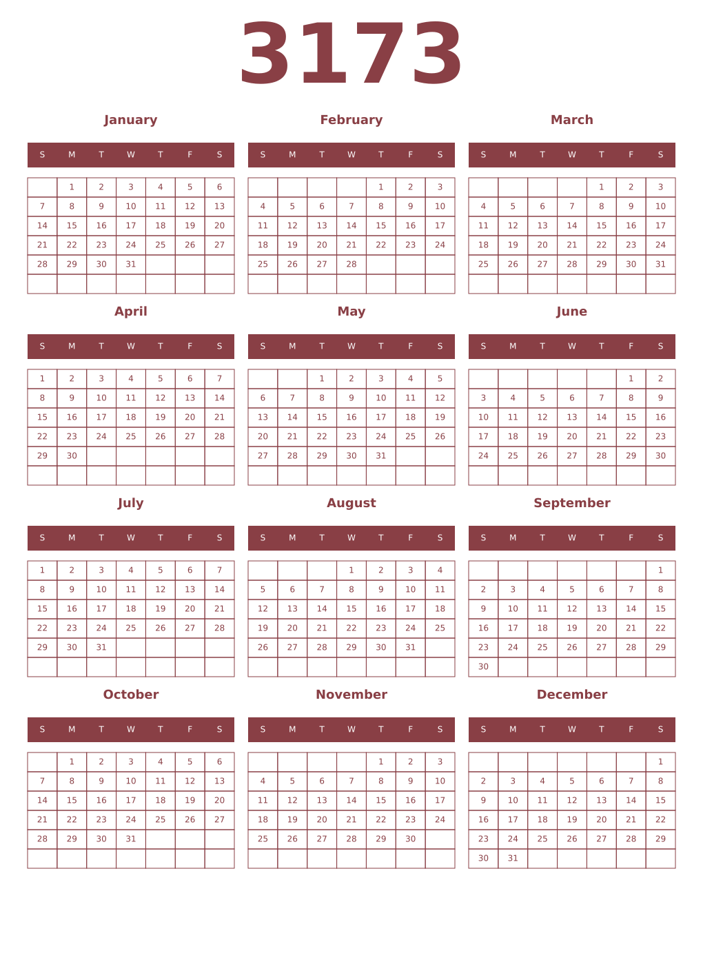 Printable 3173 Year Calendars cordovan