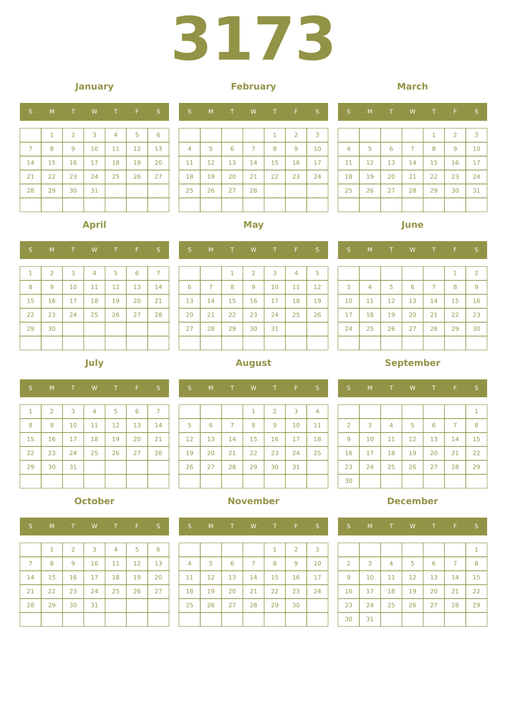 Printable 3173 Year Calendars eburnean