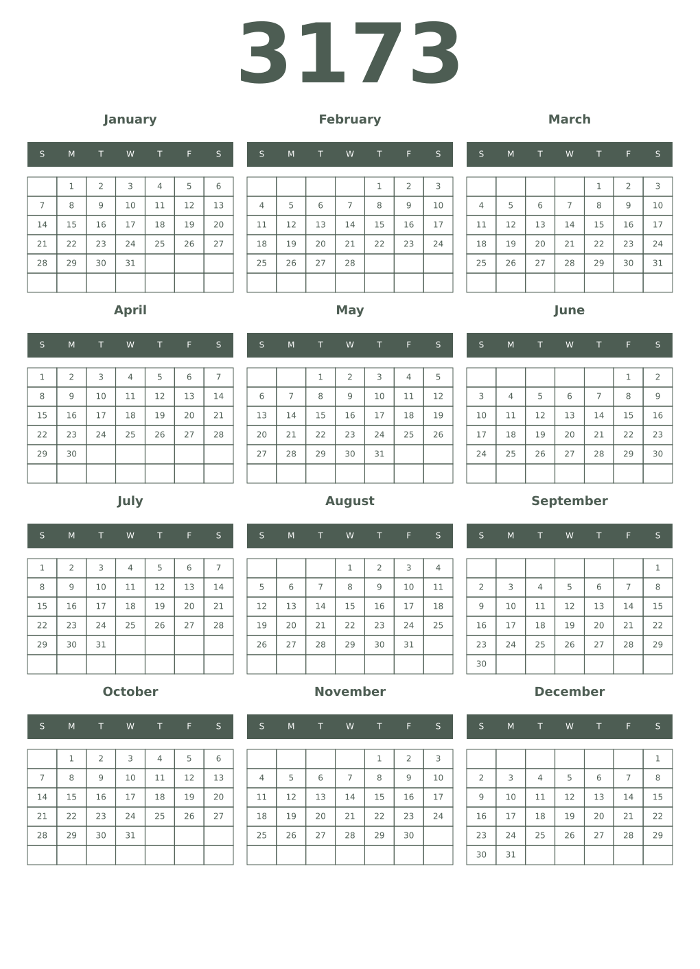 Printable 3173 Year Calendars feldgrau
