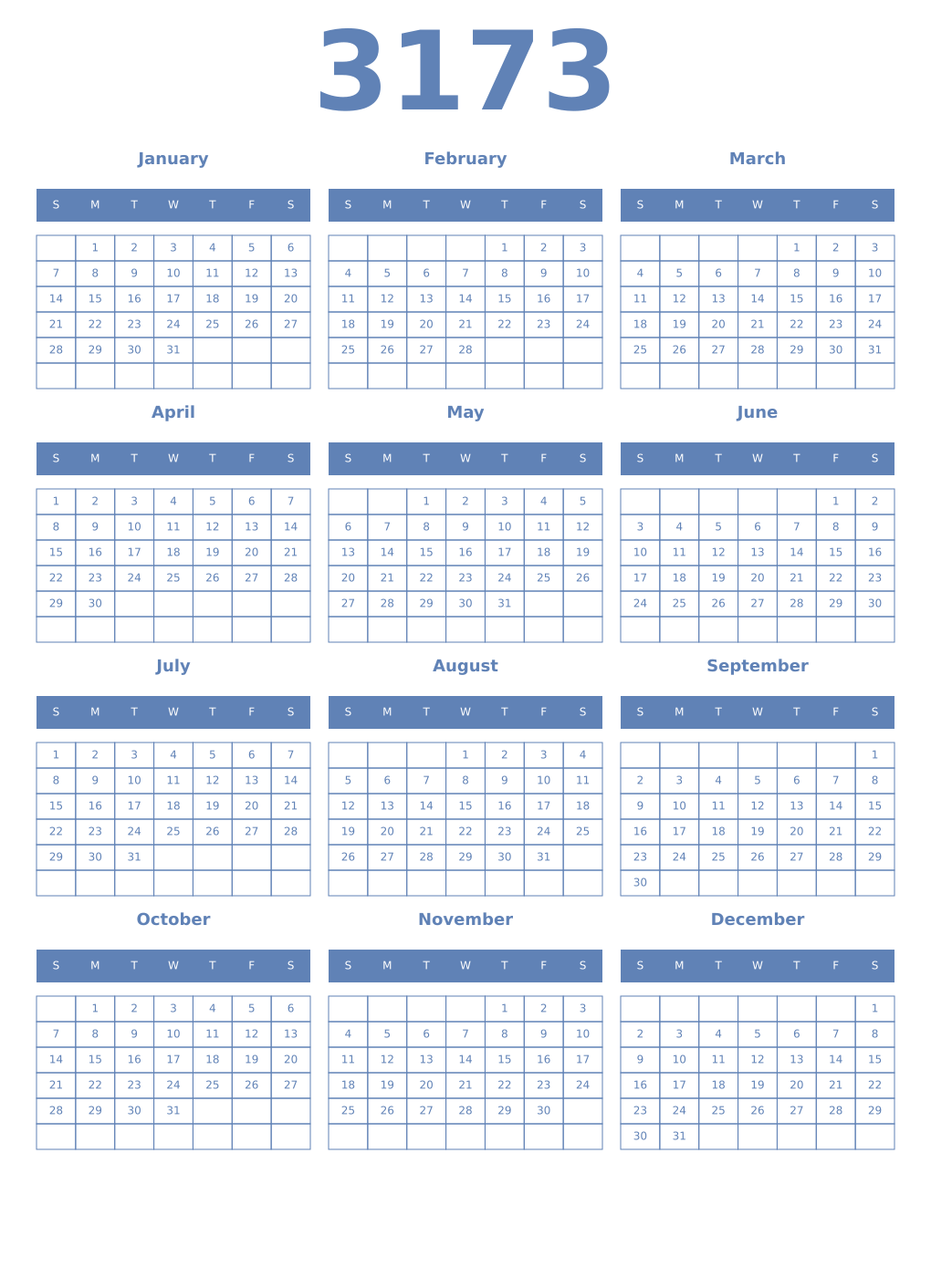 Printable 3173 Year Calendars glaucous