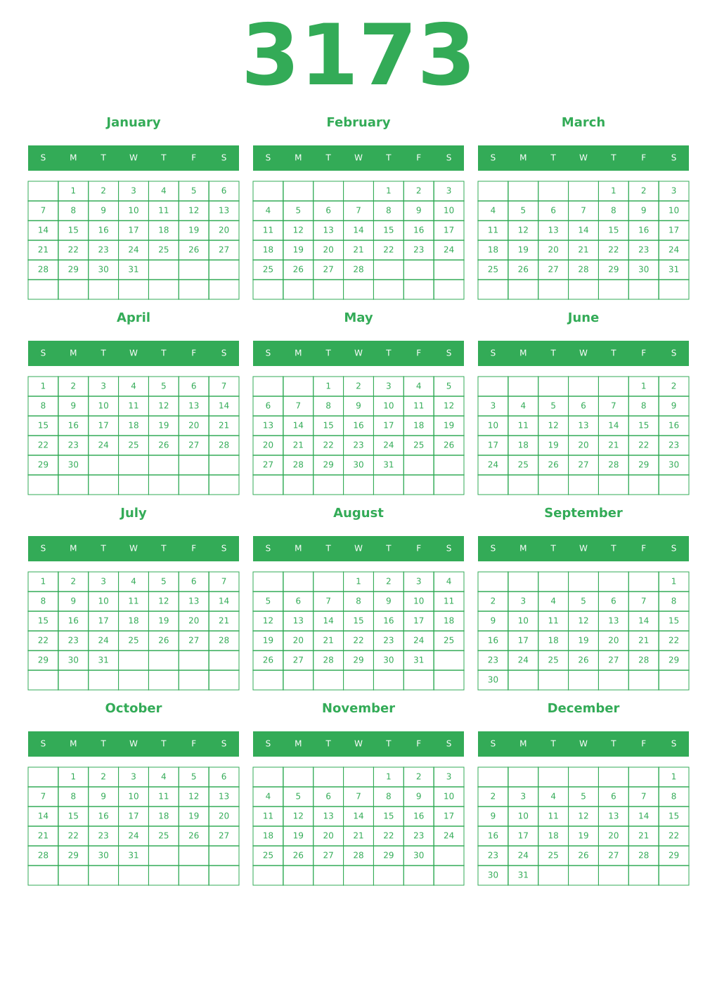 Printable 3173 Year Calendars green