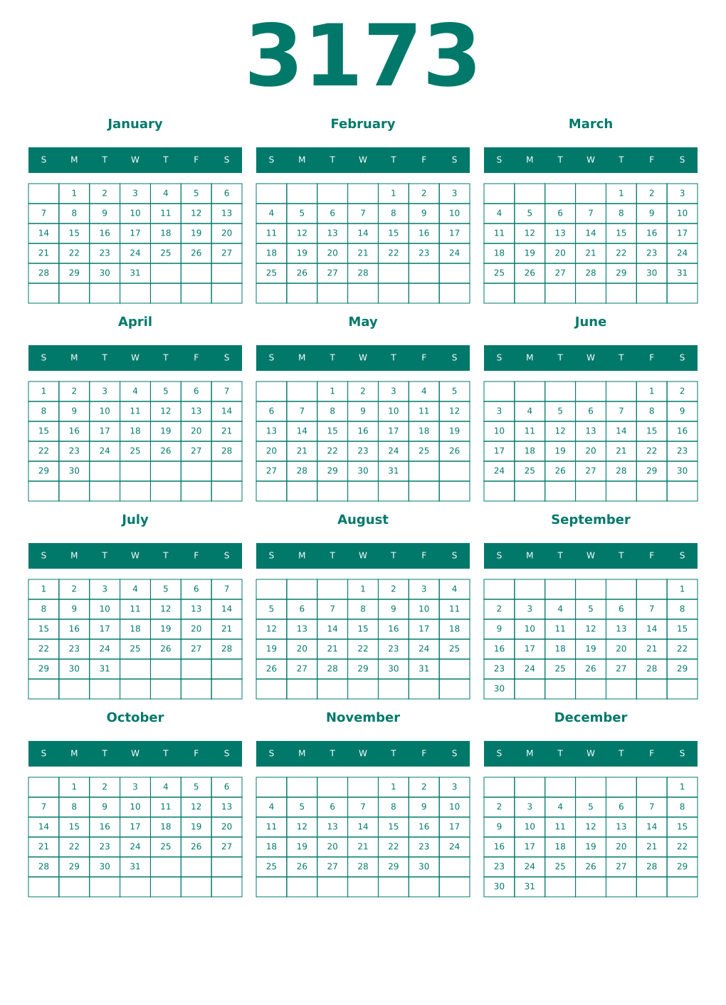 Printable 3173 Year Calendars pastel