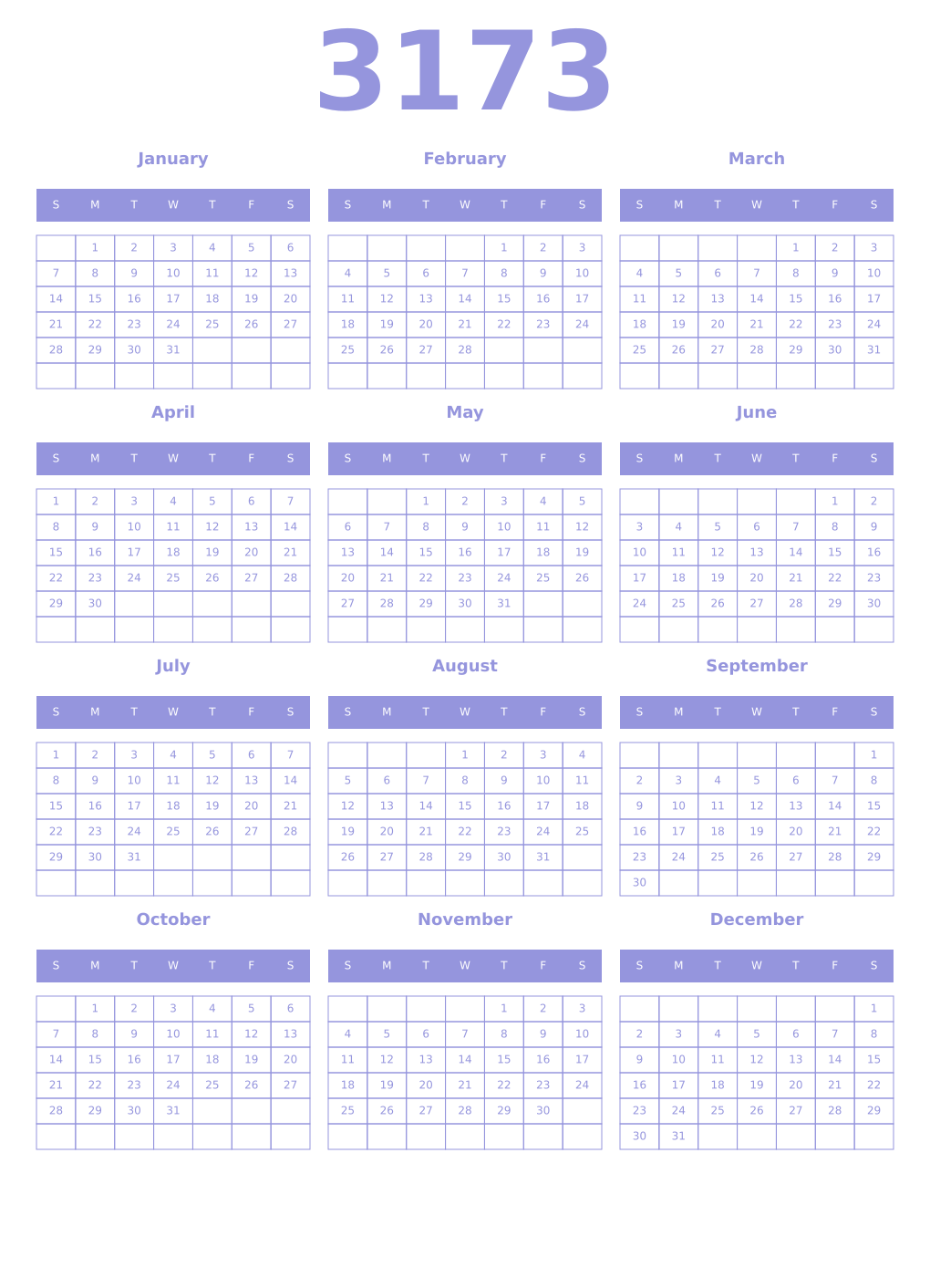 Printable 3173 Year Calendars periwinkle